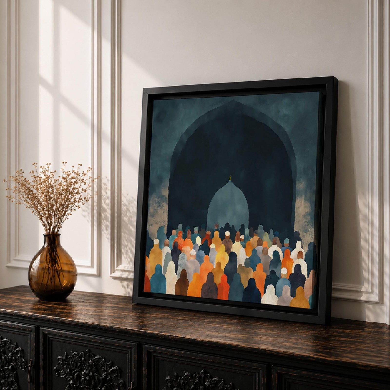 Islamic Prayer Wall Art Mosque Worshippers Framed Canvas Salah Muslim Mosque Home Decor