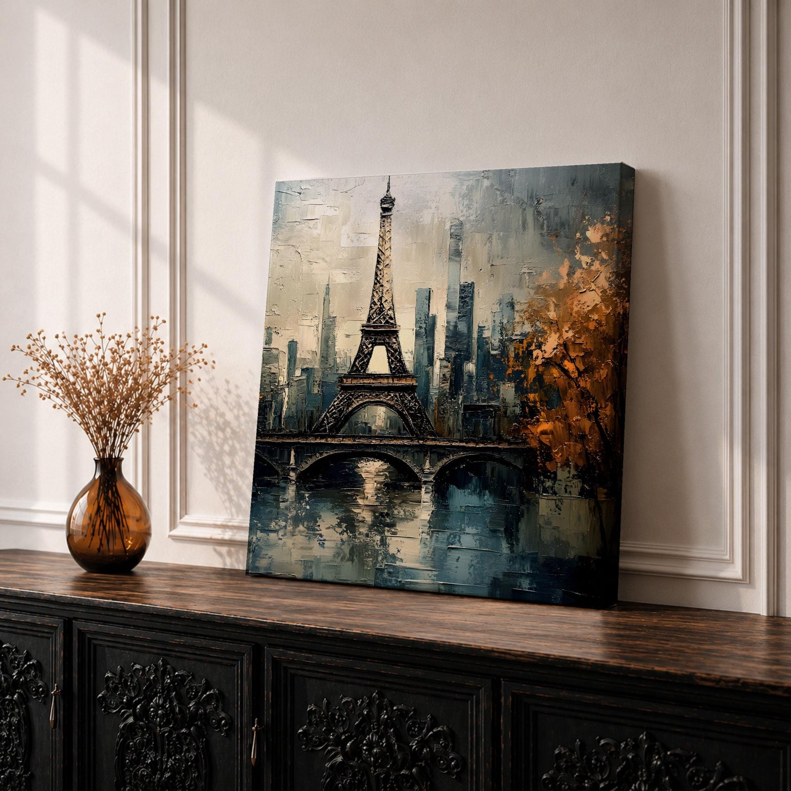Eiffel Tower Wall Art Paris Landmark Framed Canvas Cityscape Impasto Vintage Home Decor