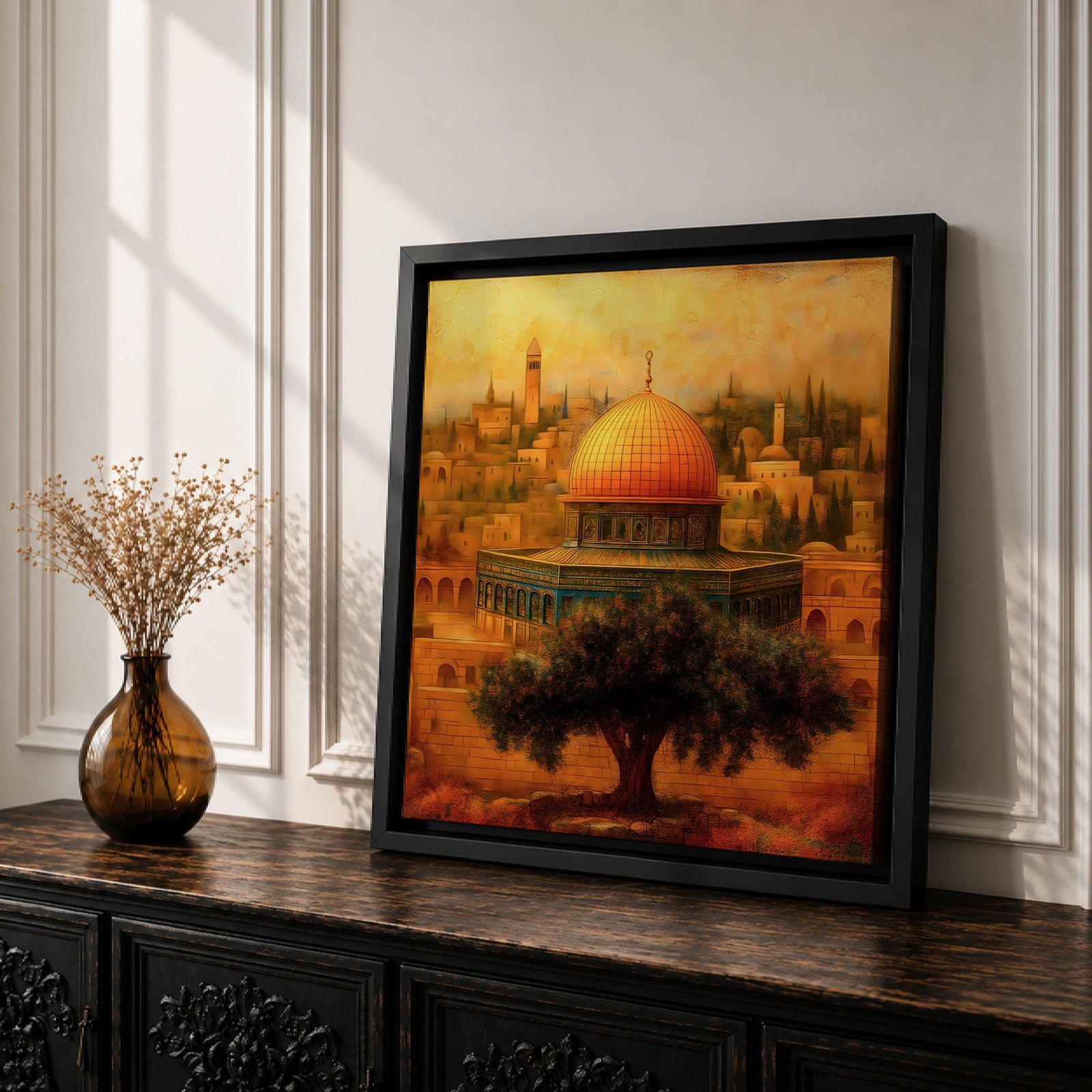 Dome of the Rock Wall Art Vintage Jerusalem Mosque Framed Canvas Islamic Home Decor