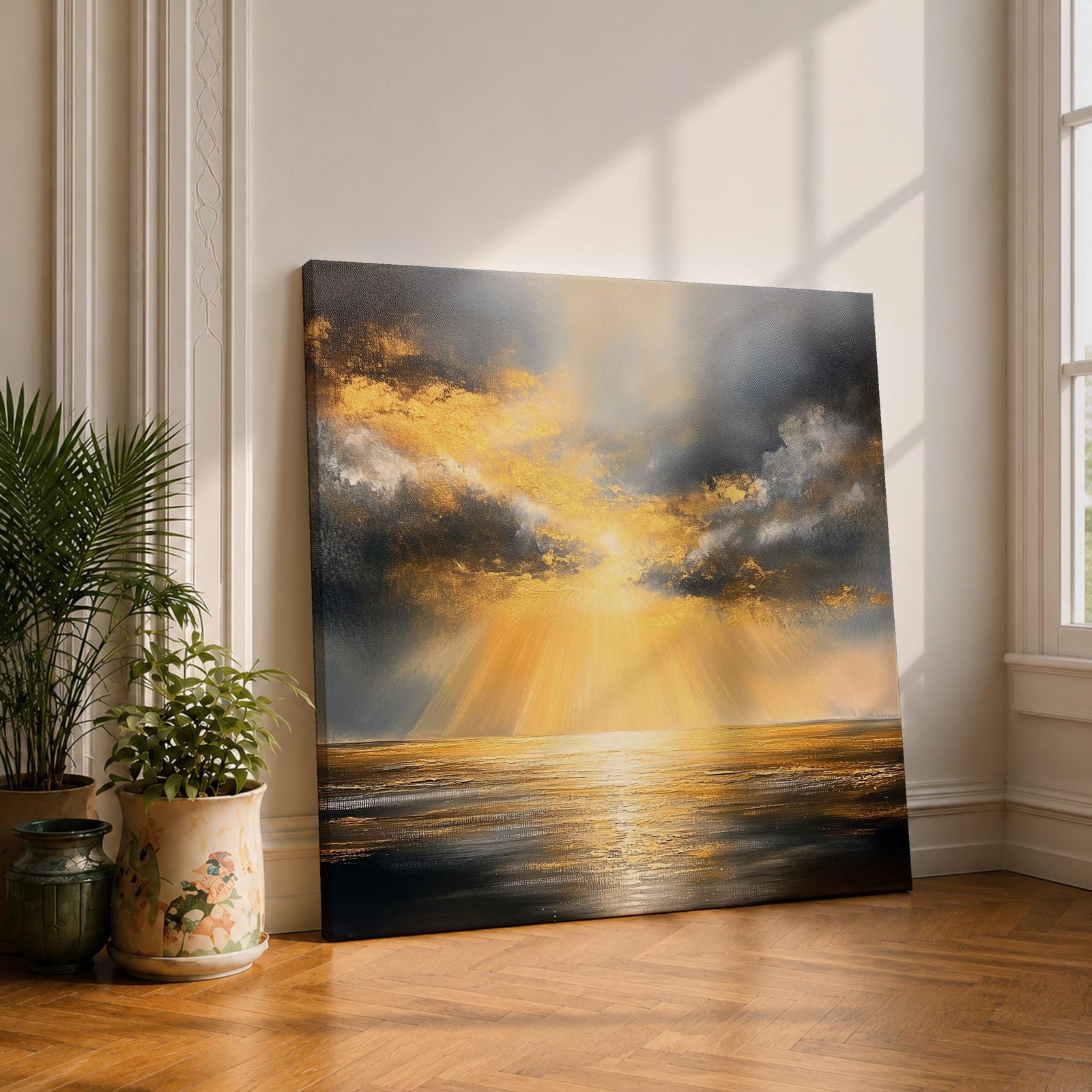 Golden Sun Wall Art Radiant Ocean Framed Canvas Sunbeams Seascape Minimalist Home Decor