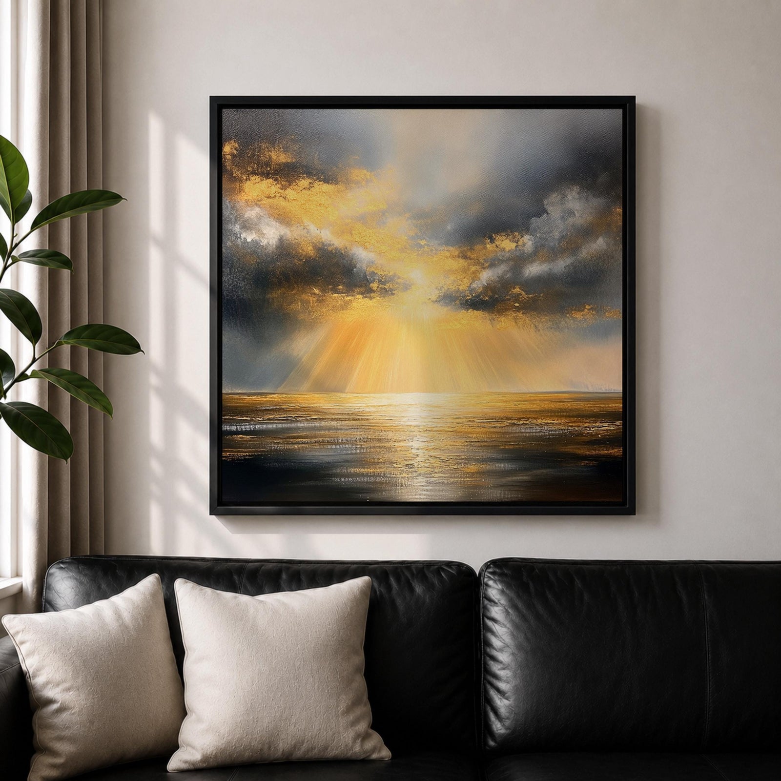 Golden Sun Wall Art Radiant Ocean Framed Canvas Sunbeams Seascape Minimalist Home Decor