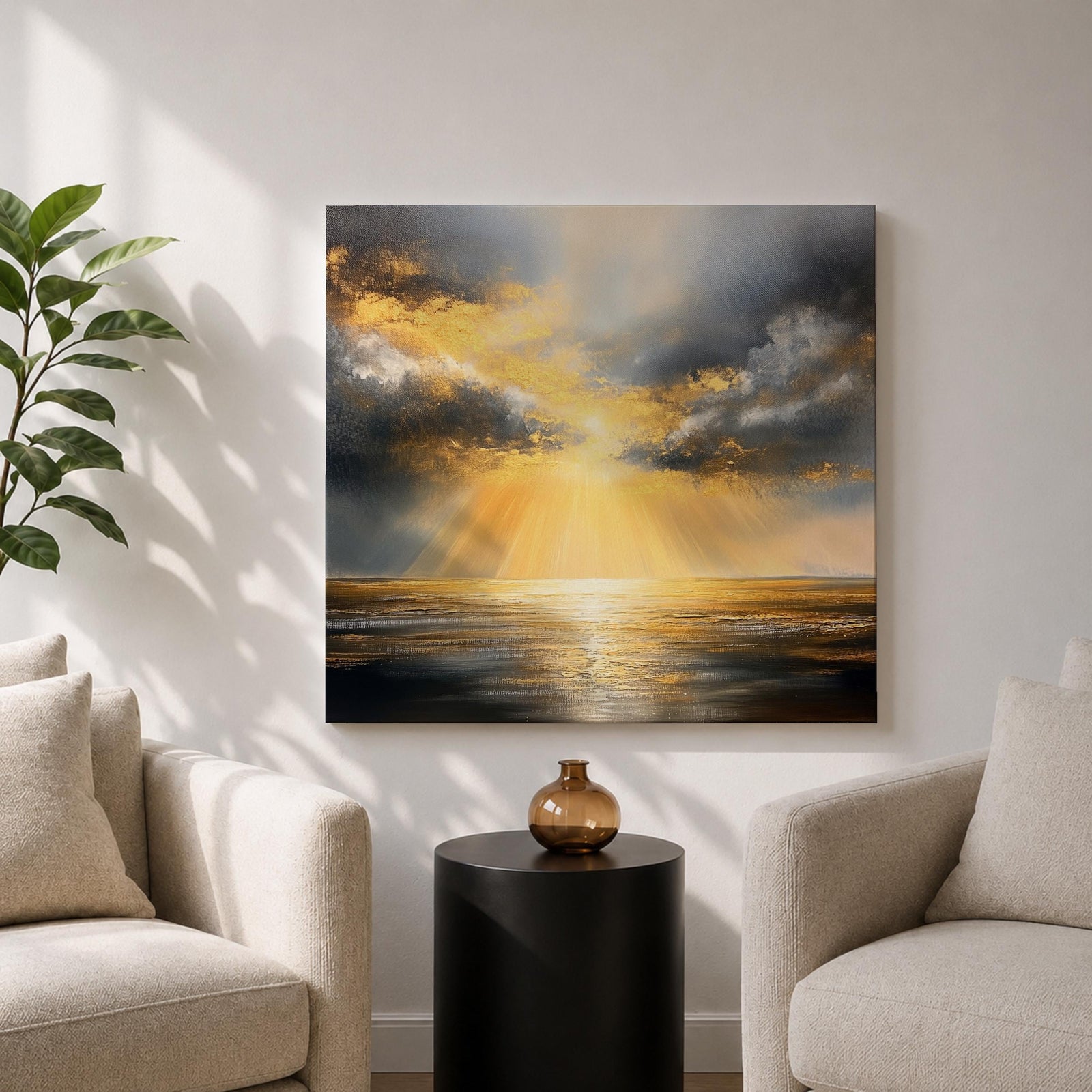 Golden Sun Wall Art Radiant Ocean Framed Canvas Sunbeams Seascape Minimalist Home Decor