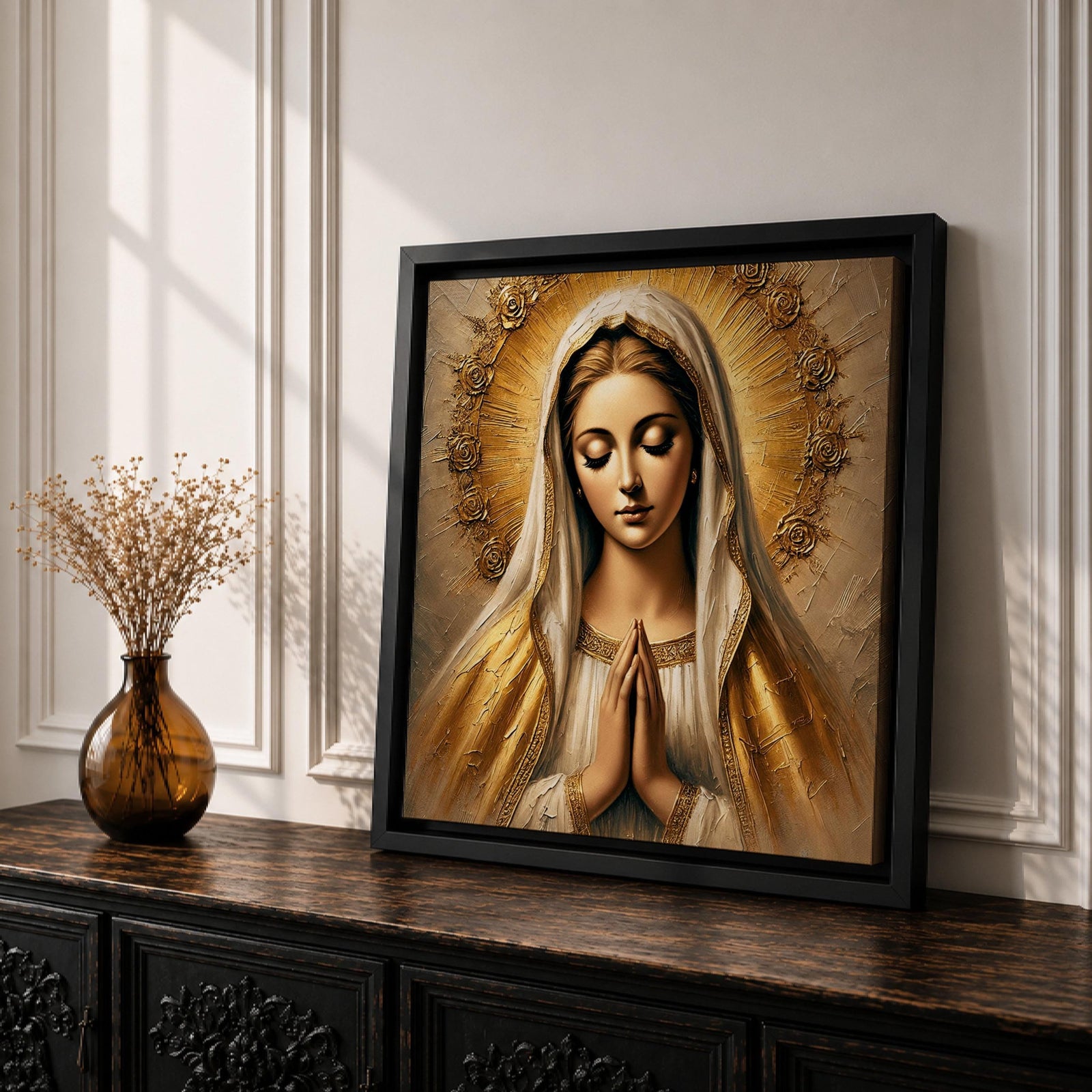 Our Lady of Grace Wall Art Virgin Mary Framed Canvas Vintage Catholic Home Decor