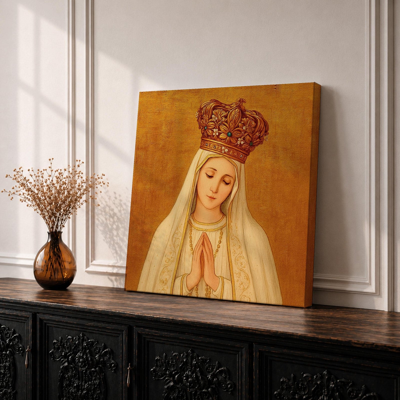 Our Lady of Fatima Wall Art Virgin Mary Framed Canvas Catholic Home Decor
