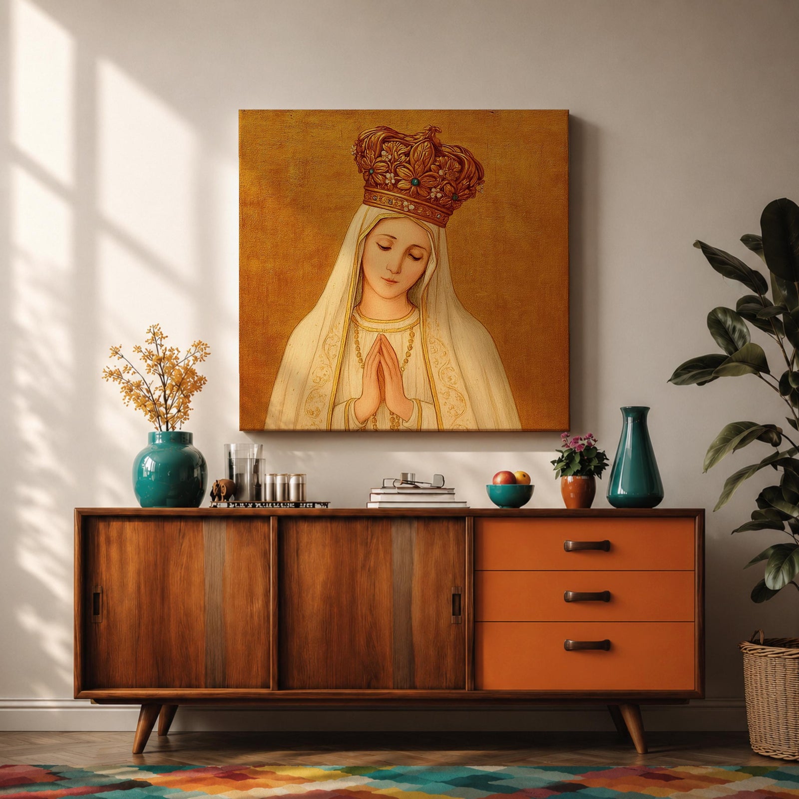 Our Lady of Fatima Wall Art Virgin Mary Framed Canvas Catholic Home Decor