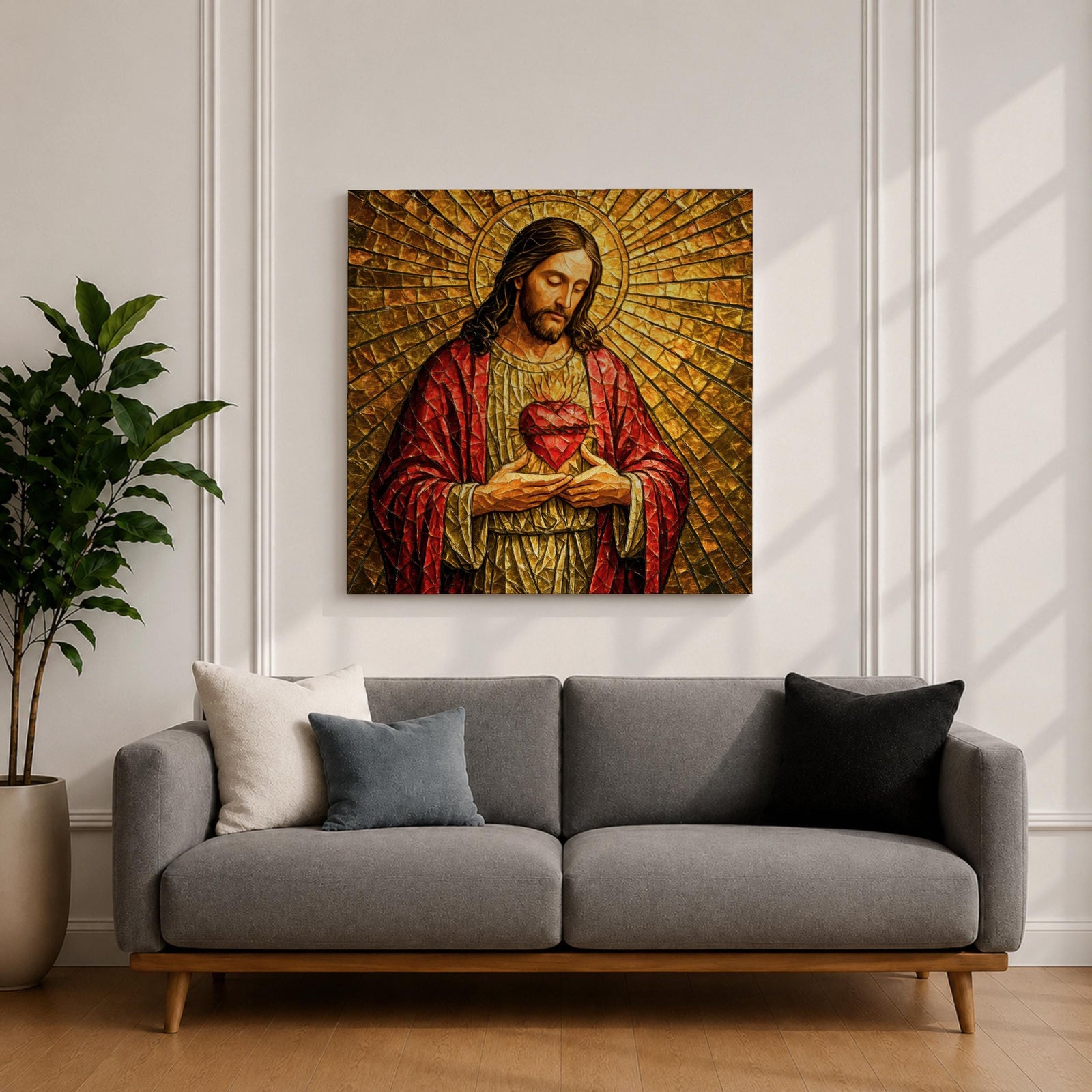 Jesus Christ Wall Art Sacred Heart Framed Canvas Christian Prayer Stained Glass Home Decor
