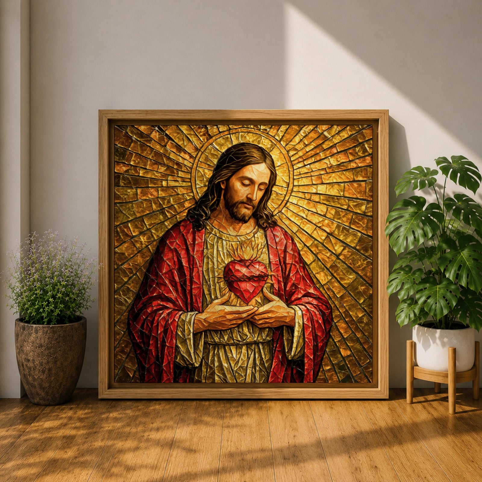 Jesus Christ Wall Art Sacred Heart Framed Canvas Christian Prayer Stained Glass Home Decor