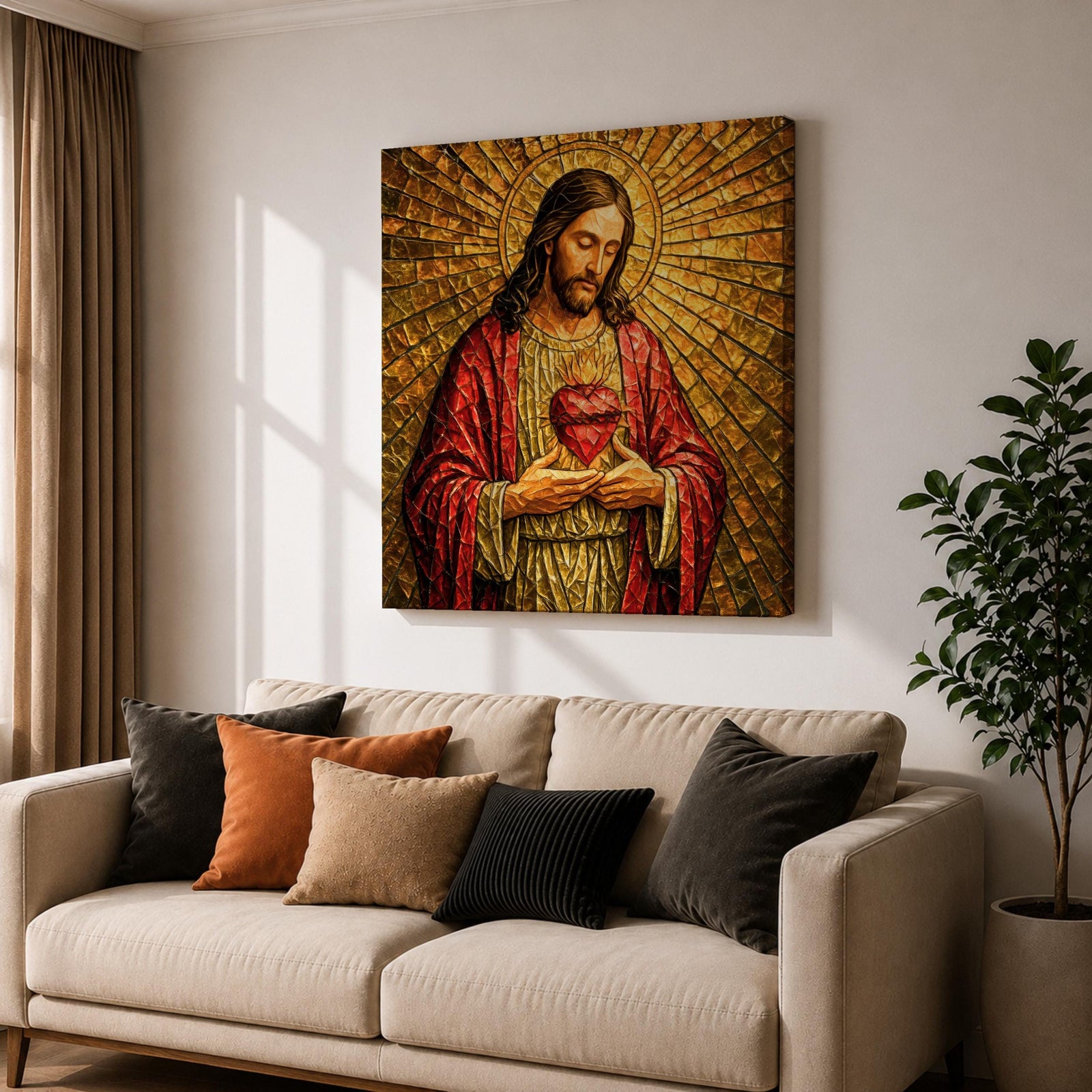 Jesus Christ Wall Art Sacred Heart Framed Canvas Christian Prayer Stained Glass Home Decor