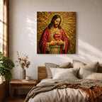 Jesus Christ Wall Art Sacred Heart Framed Canvas Christian Prayer Stained Glass Home Decor