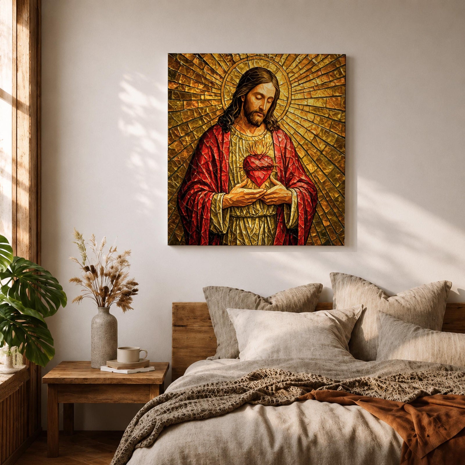Jesus Christ Wall Art Sacred Heart Framed Canvas Christian Prayer Stained Glass Home Decor