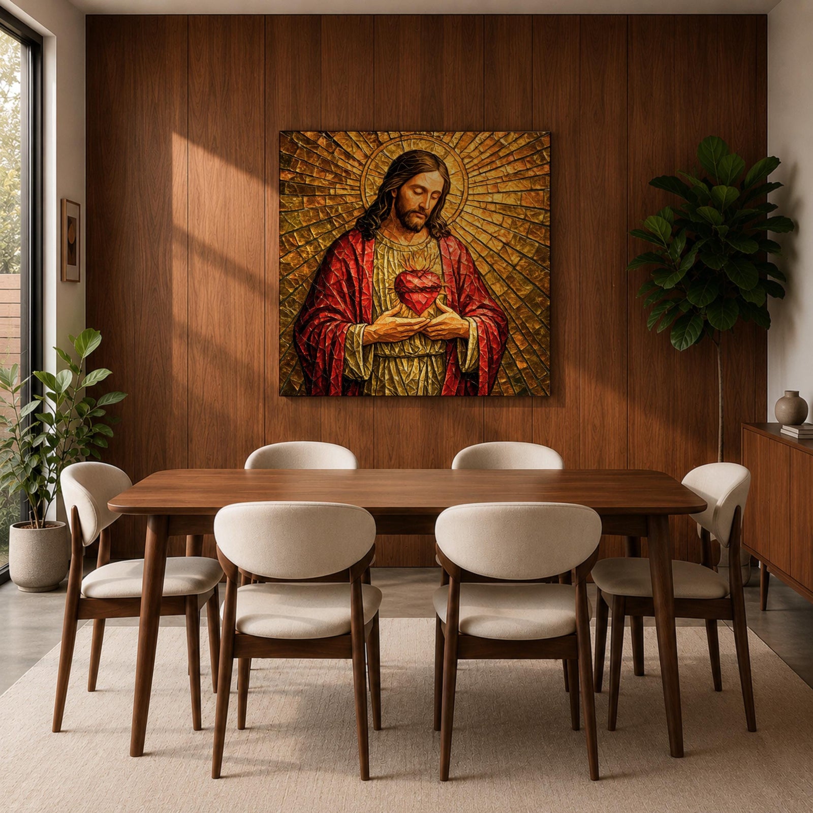 Jesus Christ Wall Art Sacred Heart Framed Canvas Christian Prayer Stained Glass Home Decor