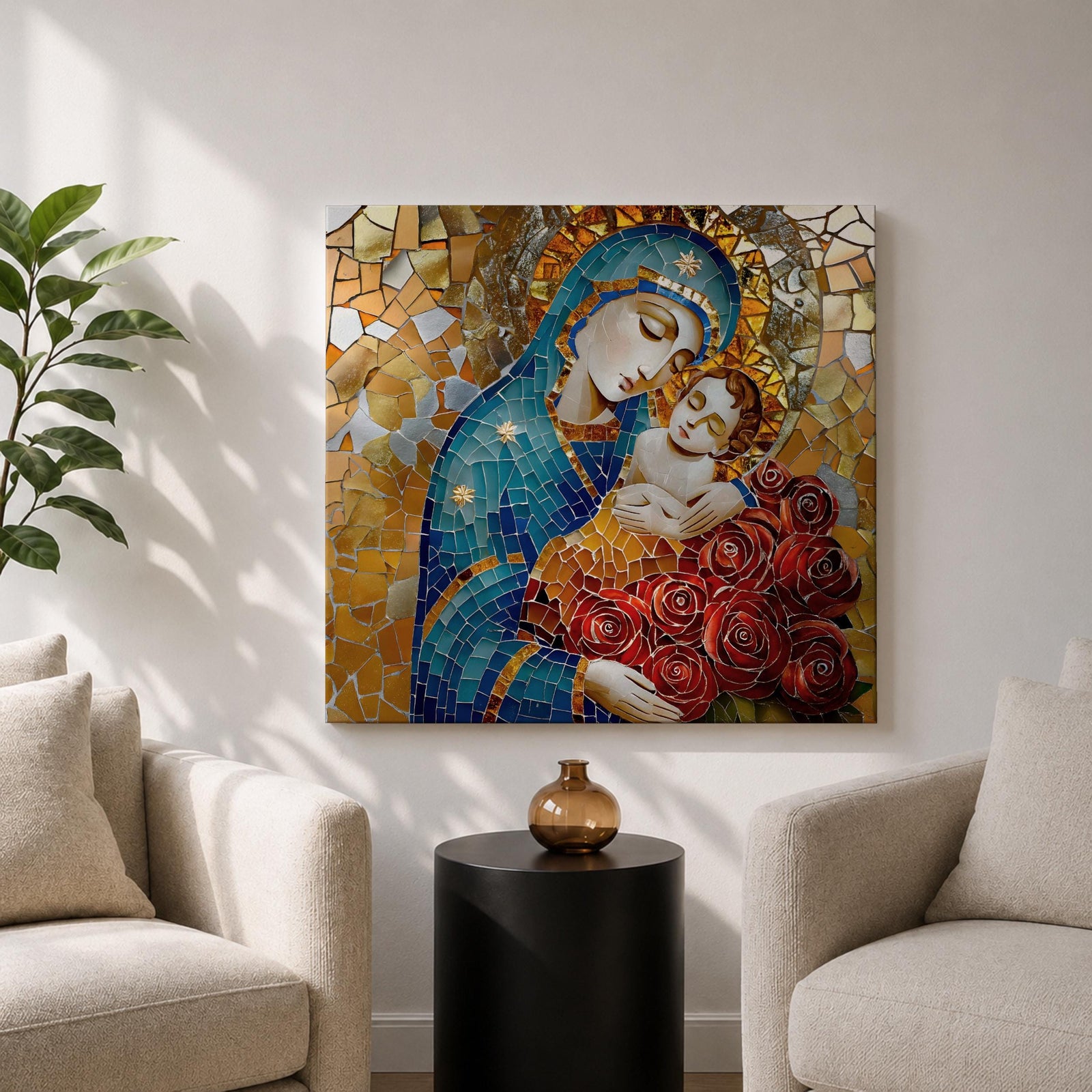 Virgin Mary Baby Jesus Wall Art Madonna and Child Framed Canvas Religious Home Decor