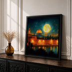 Dome of the Rock Wall Art Moon Night Framed Canvas Jerusalem Islamic Mosque Decor