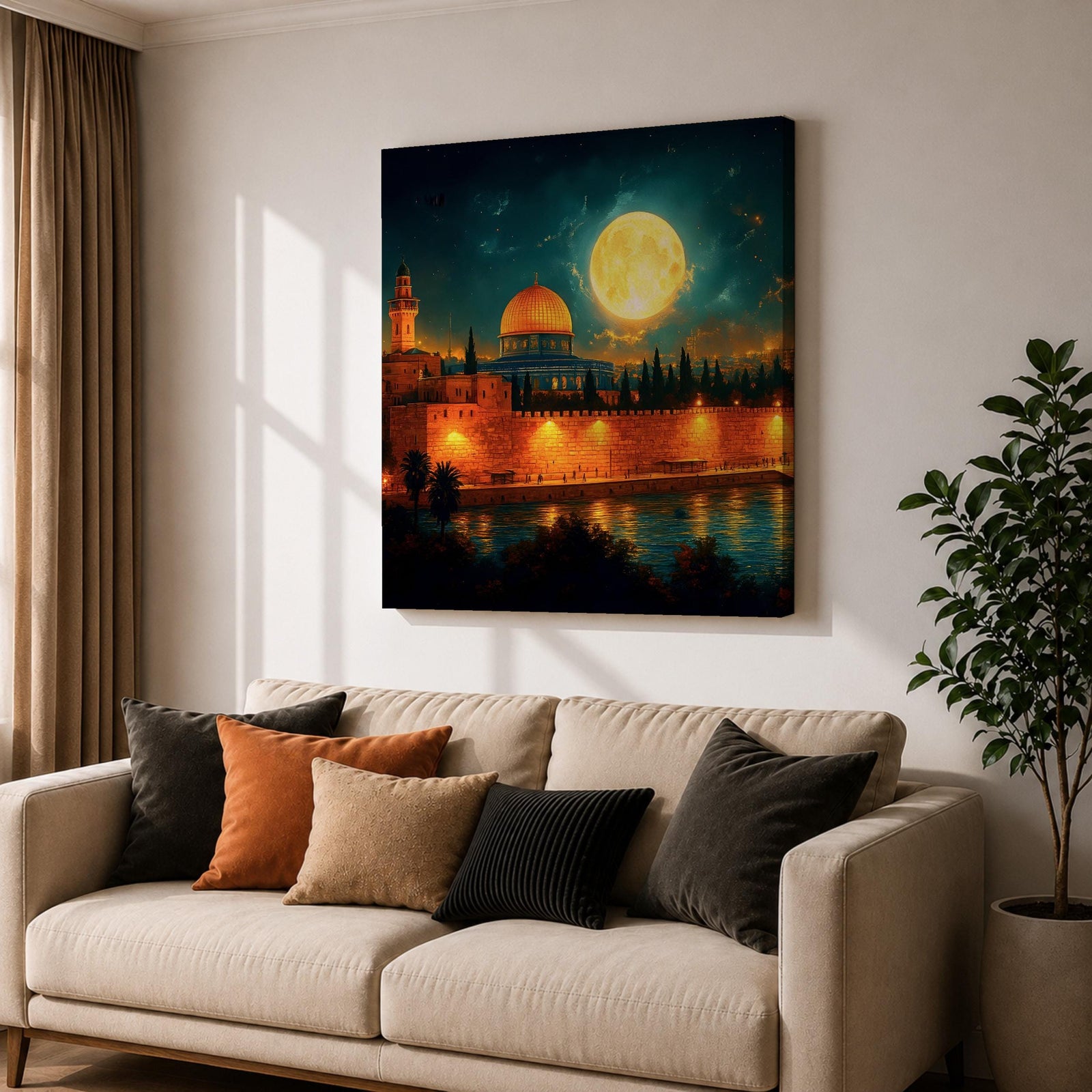 Dome of the Rock Wall Art Moon Night Framed Canvas Jerusalem Islamic Mosque Decor