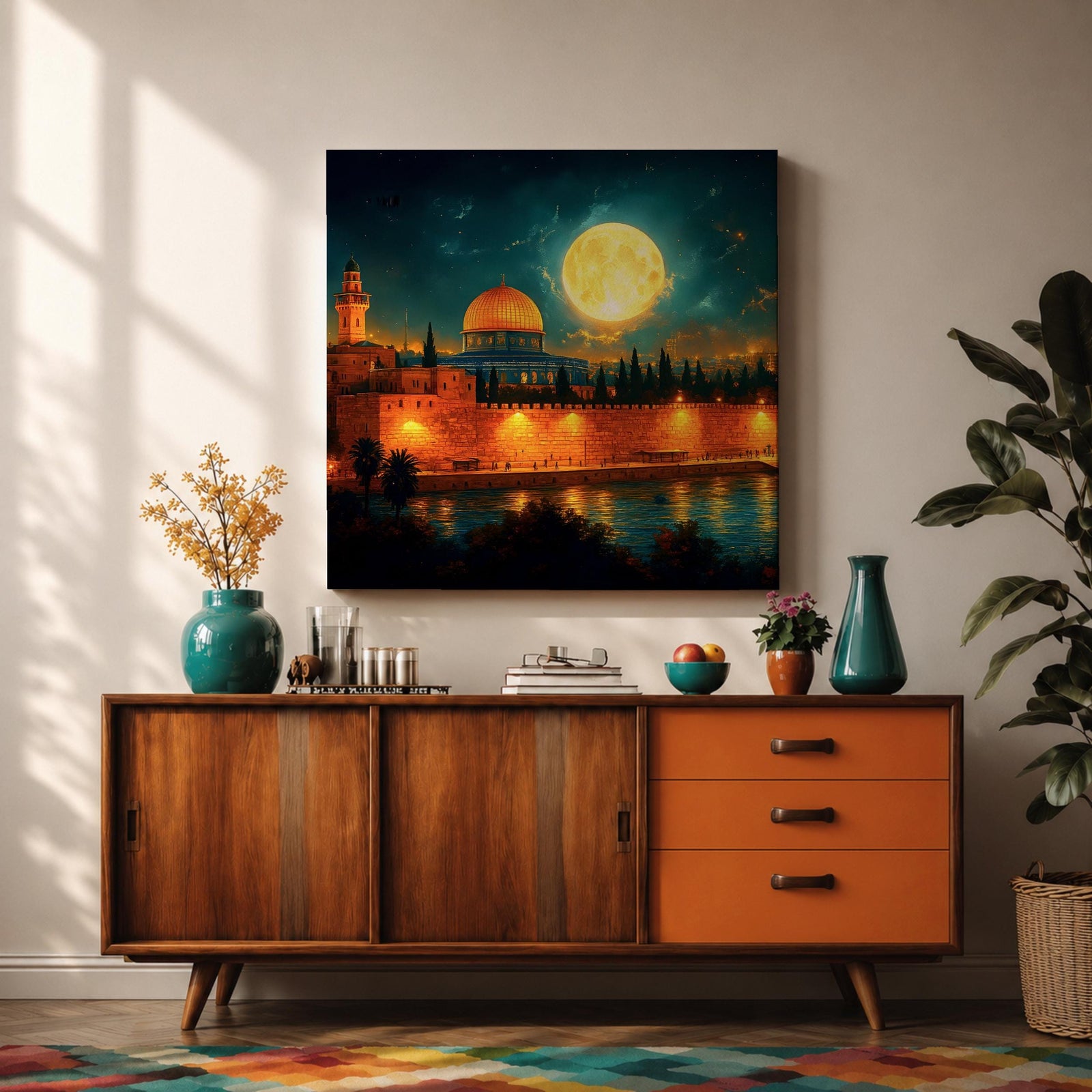 Dome of the Rock Wall Art Moon Night Framed Canvas Jerusalem Islamic Mosque Decor