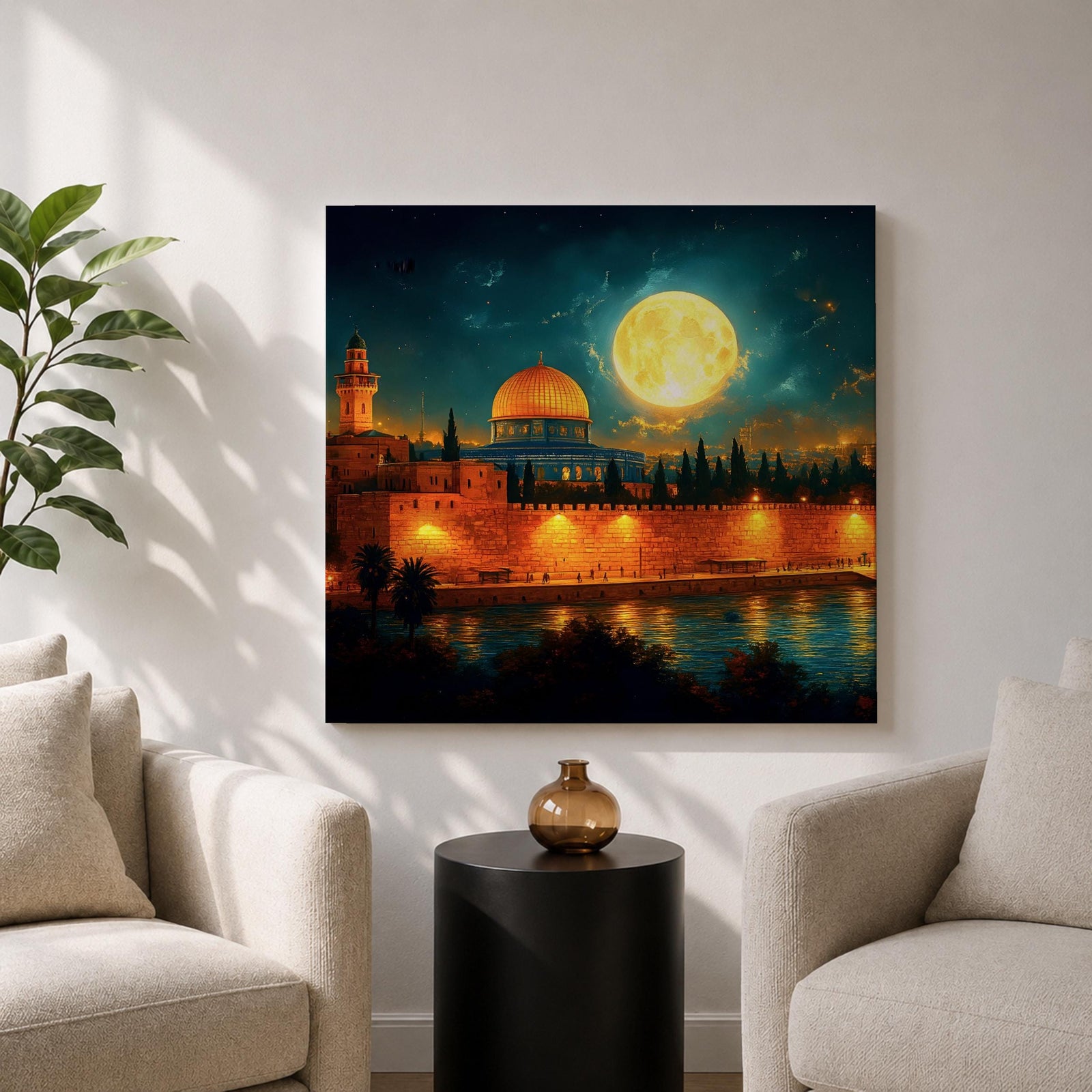 Dome of the Rock Wall Art Moon Night Framed Canvas Jerusalem Islamic Mosque Decor