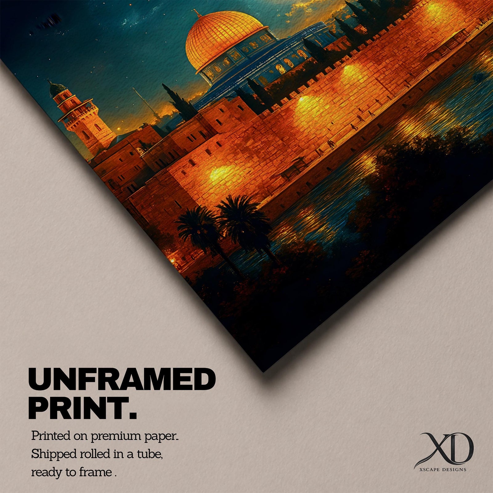 Dome of the Rock Wall Art Moon Night Framed Canvas Jerusalem Islamic Mosque Decor