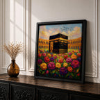 Kaaba Wall Art Floral Garden Framed Canvas Masjid al Haram Mecca Islamic Decor