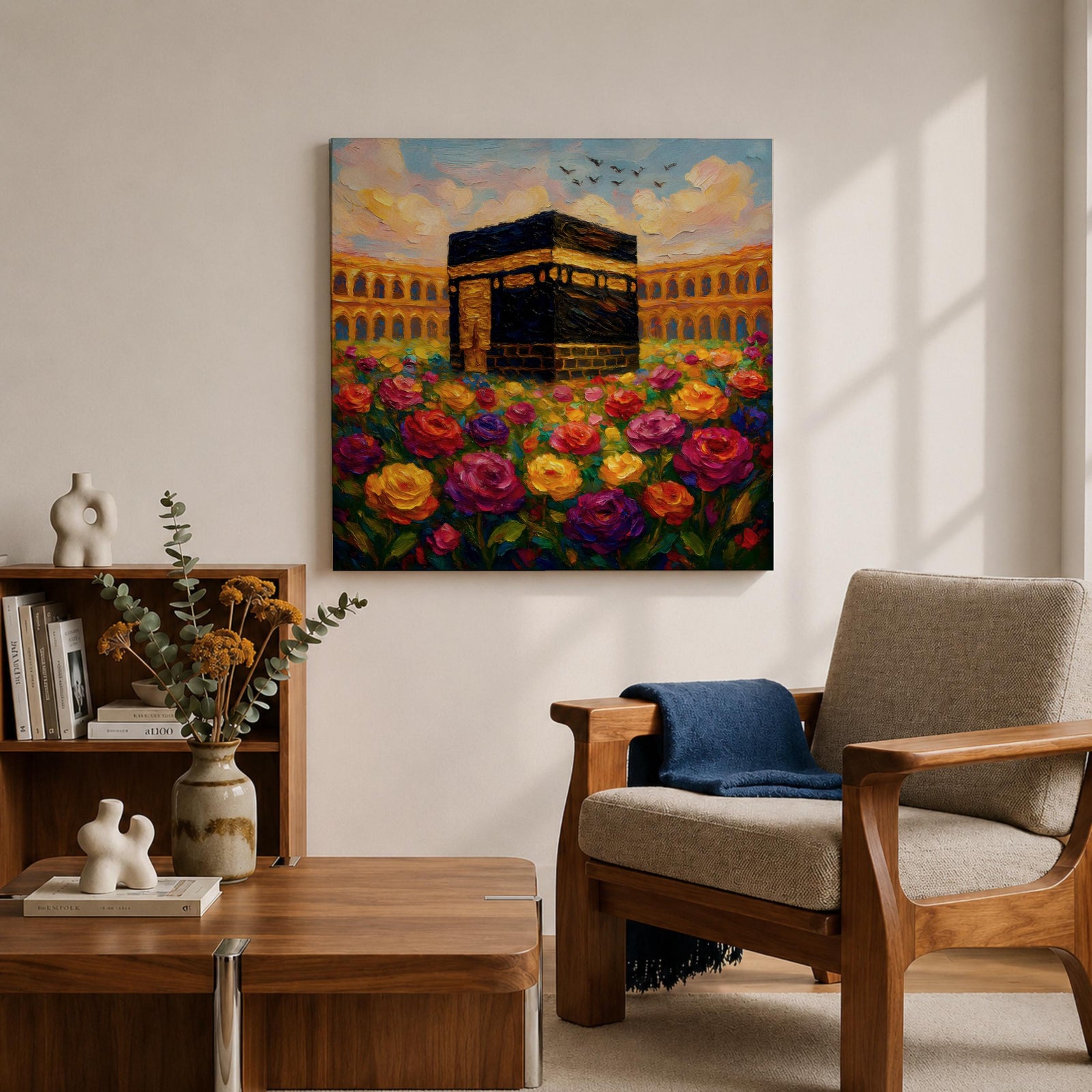 Kaaba Wall Art Floral Garden Framed Canvas Masjid al Haram Mecca Islamic Decor