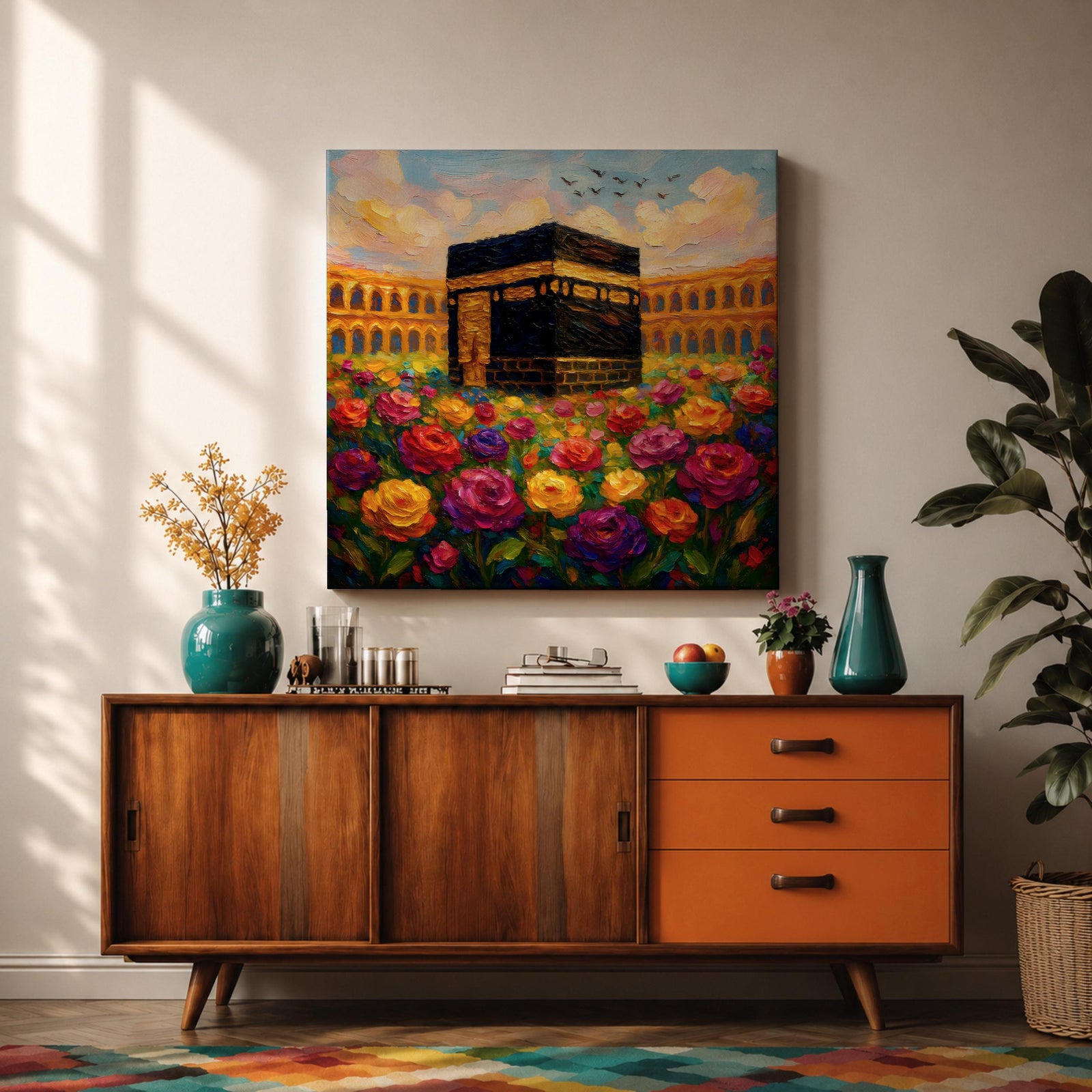 Kaaba Wall Art Floral Garden Framed Canvas Masjid al Haram Mecca Islamic Decor