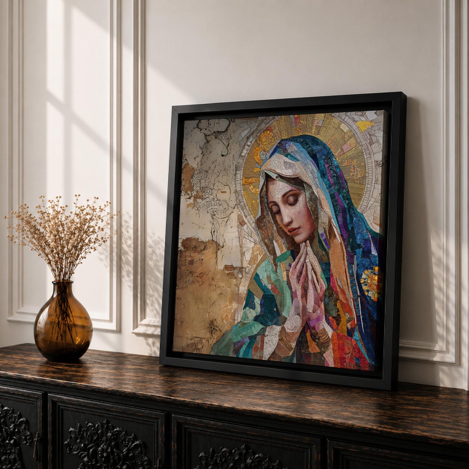 Virgin Mary Wall Art Blessed Mother Framed Canvas Catholic Prayer Mosaic Christian Home Decor
