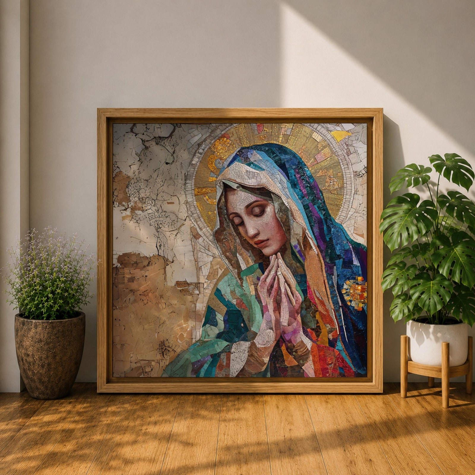Virgin Mary Wall Art Blessed Mother Framed Canvas Catholic Prayer Mosaic Christian Home Decor
