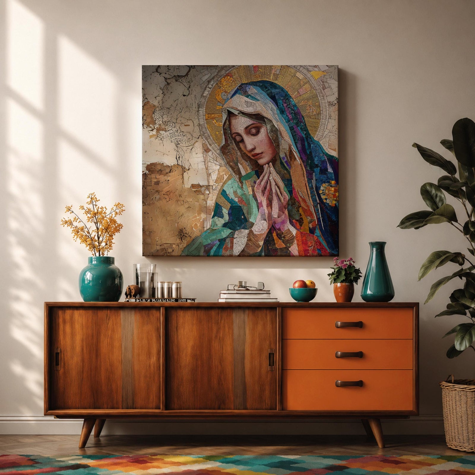 Virgin Mary Wall Art Blessed Mother Framed Canvas Catholic Prayer Mosaic Christian Home Decor