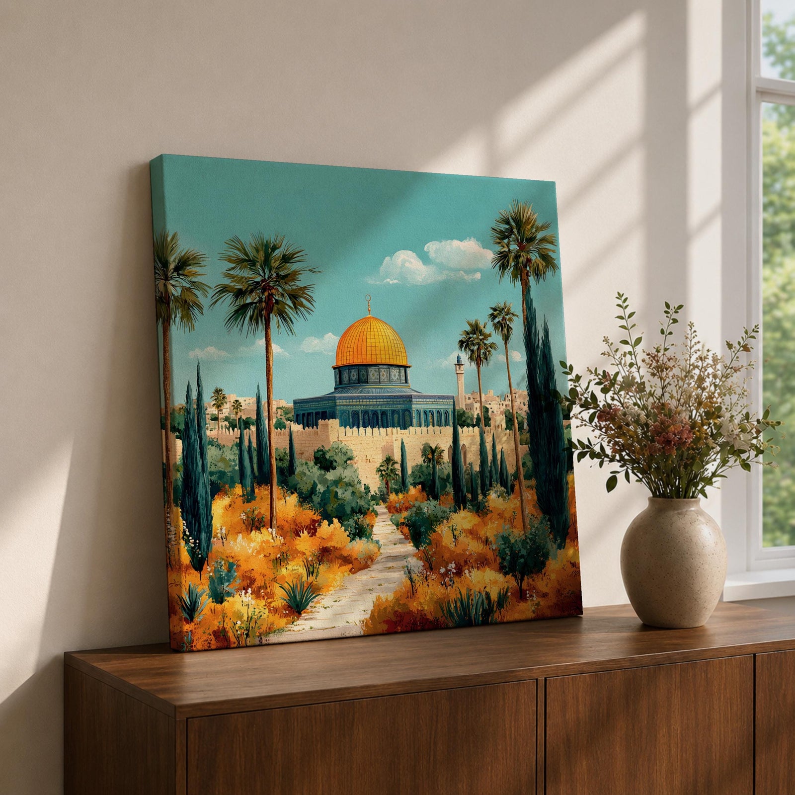 Dome of the Rock Wall Art Garden View Framed Canvas Jerusalem Mosque Islamic Decor