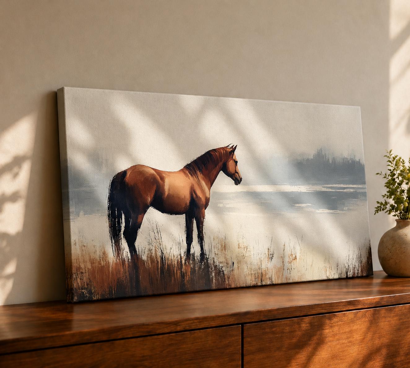 A vintage-style oil painting print of a horse standing in a natural landscape with muted tones. The horse is depicted realistically with detailed brushwork, framed in wood, and set against a soft, blurred background of grass and water, capturing a serene rural scene with classic artistic style.