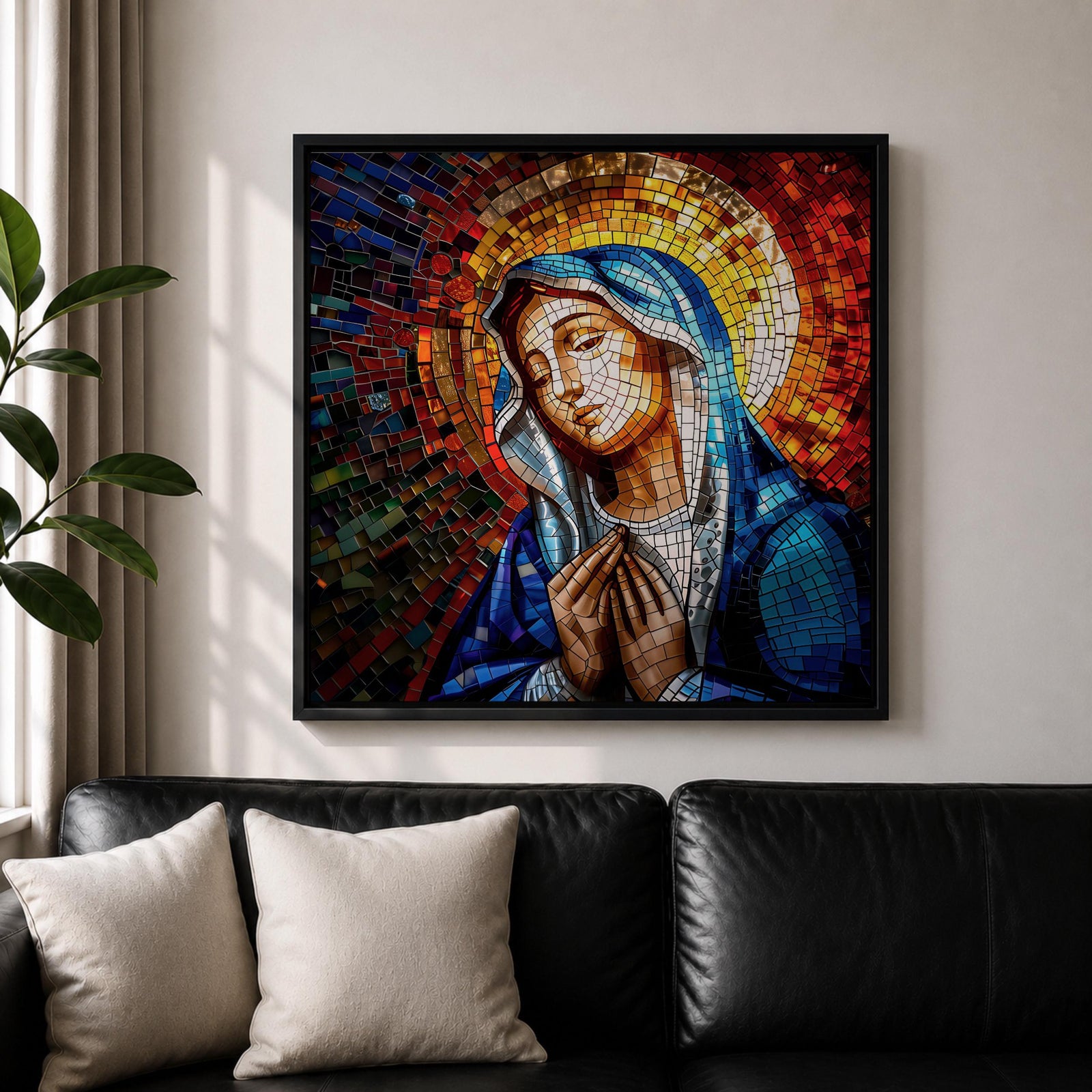 Virgin Mary Wall Art Madonna Framed Canvas Catholic Prayer Mosaic Christian Home Decor