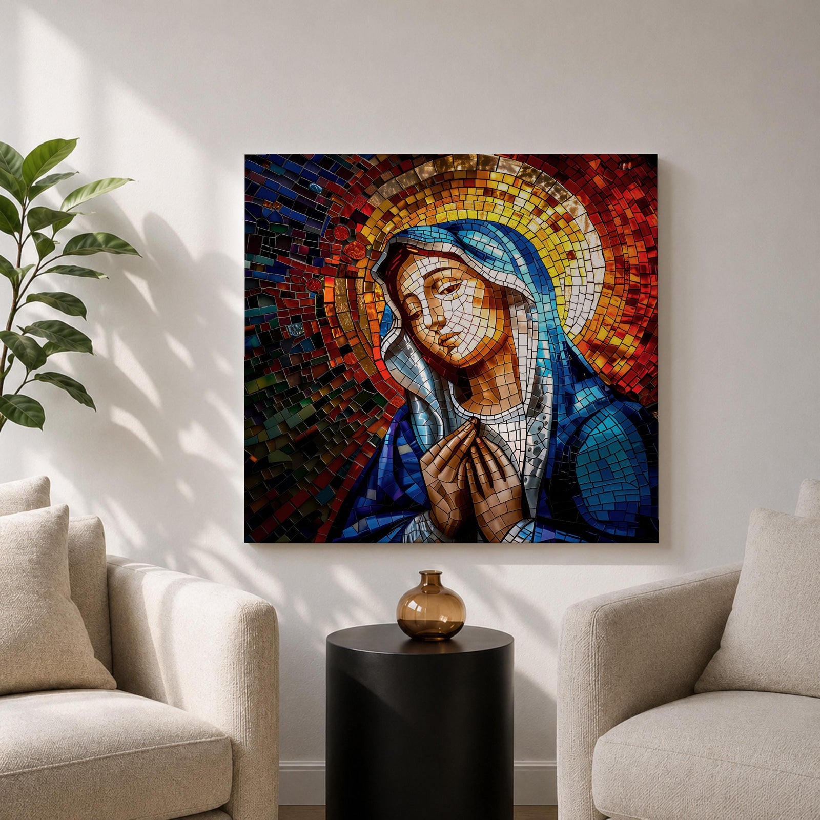 Virgin Mary Wall Art Madonna Framed Canvas Catholic Prayer Mosaic Christian Home Decor