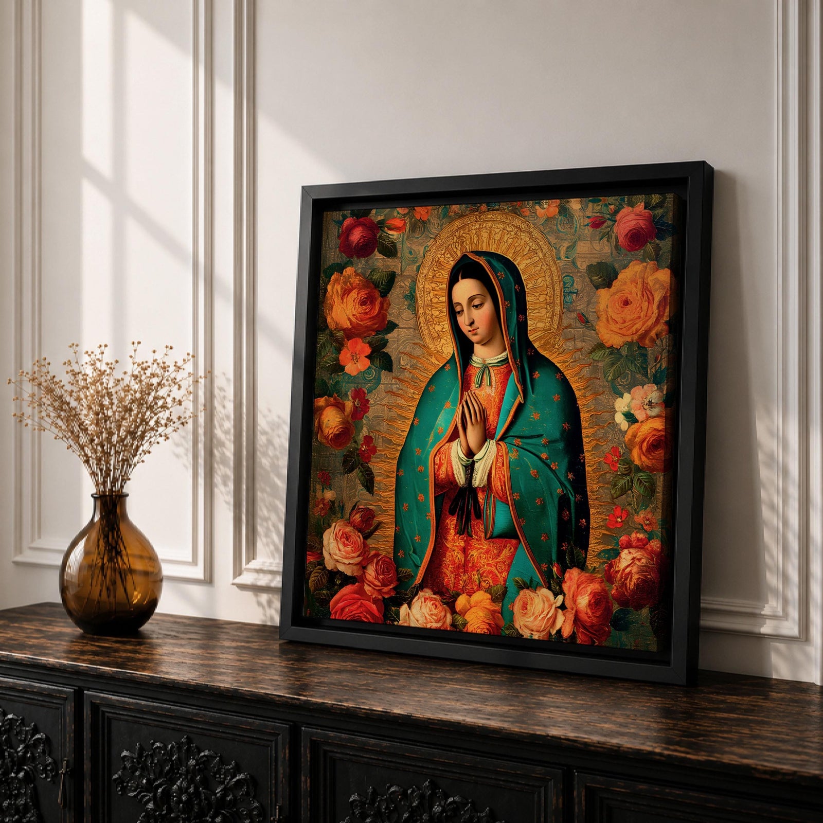 Our Lady of Guadalupe Wall Art Blessed Mother Framed Canvas Mexican Catholic Home Decor