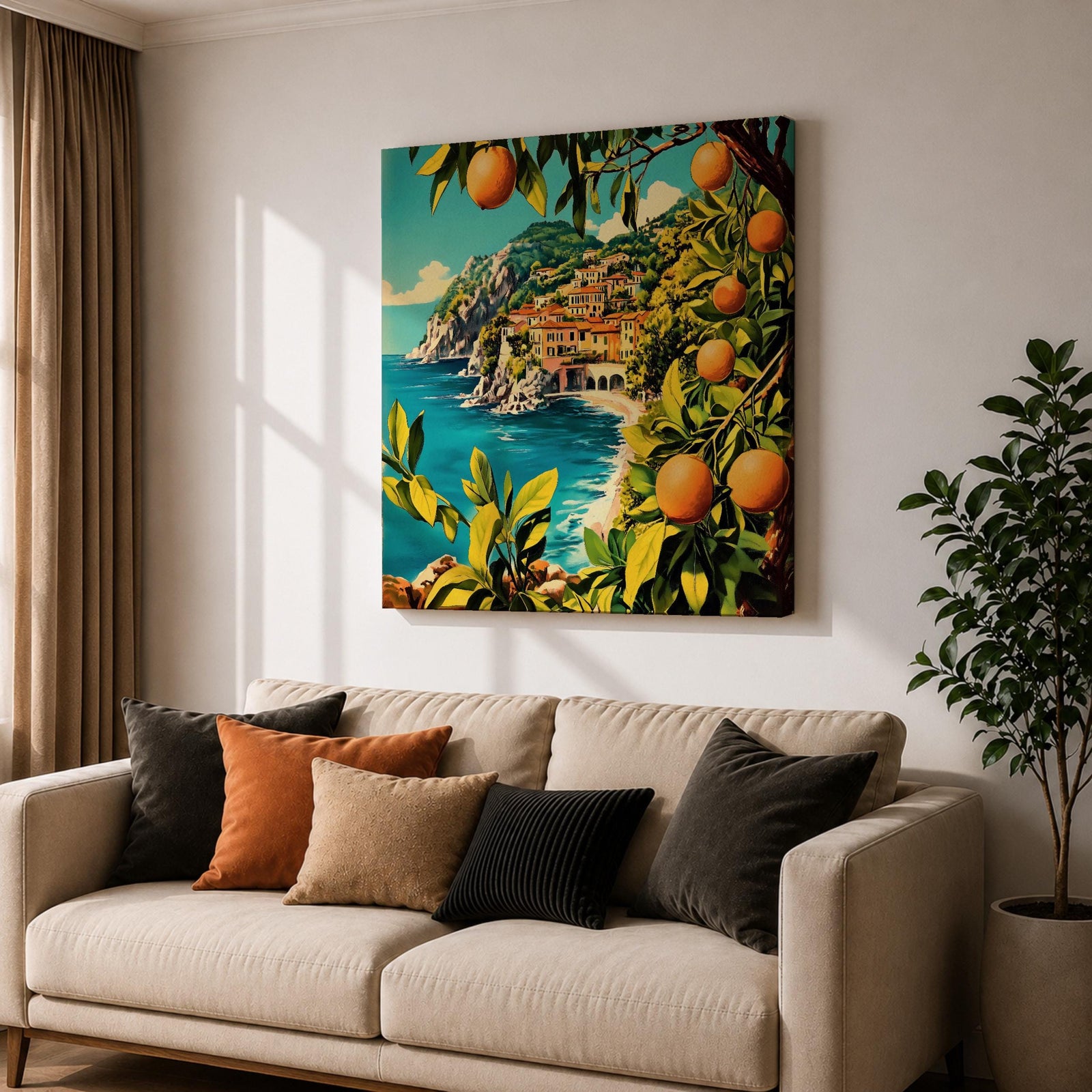 Mediterranean Orange Grove Wall Art Coastal Citrus Framed Canvas Seaside Landscape Living Room Decor