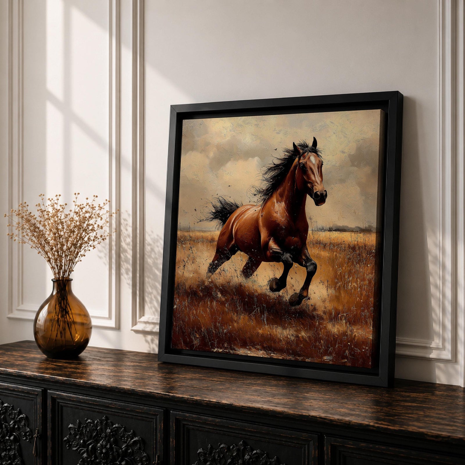 Running Horse Wall Art Galloping Stallion Framed Canvas Western Rustic Ranch Home Decor