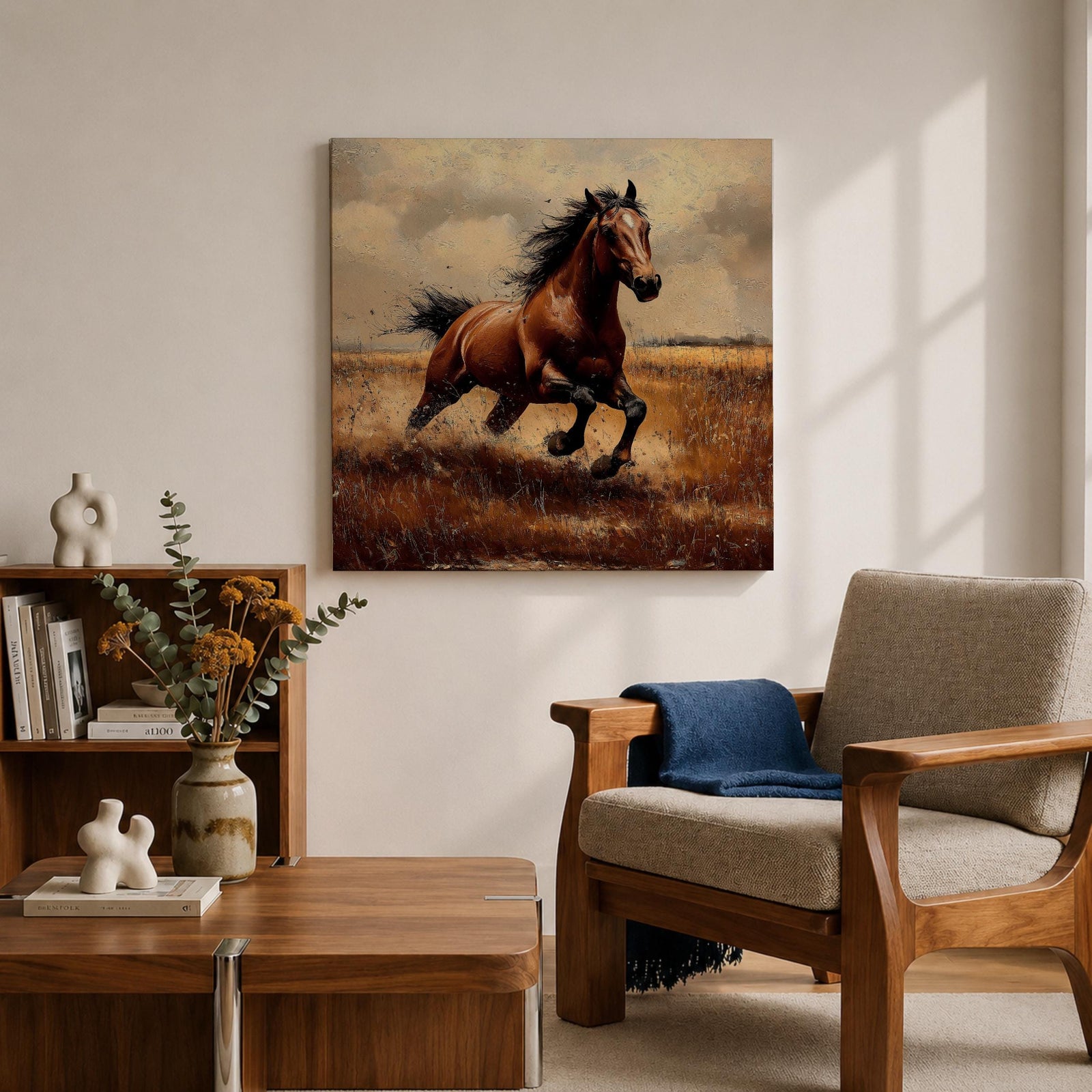 Running Horse Wall Art Galloping Stallion Framed Canvas Western Rustic Ranch Home Decor