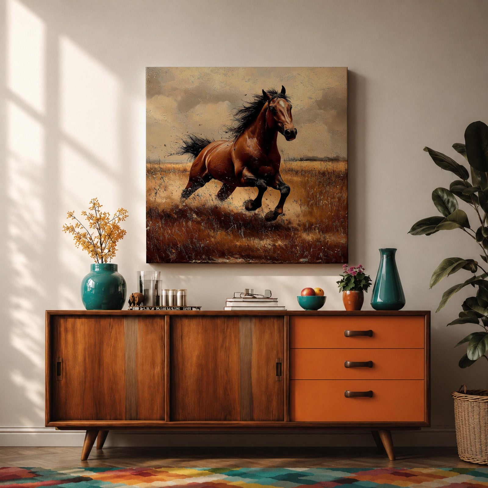 Running Horse Wall Art Galloping Stallion Framed Canvas Western Rustic Ranch Home Decor