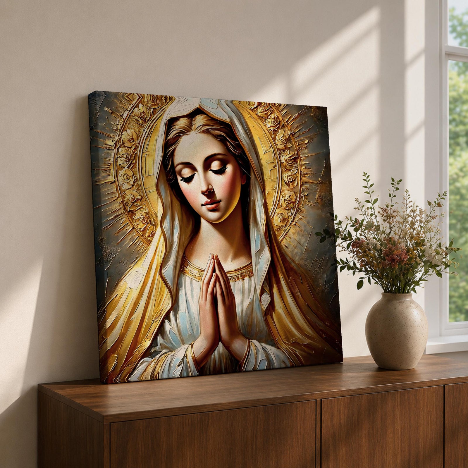 Virgin Mary Wall Art Blessed Mother Framed Canvas Catholic Prayer Sacred Home Decor