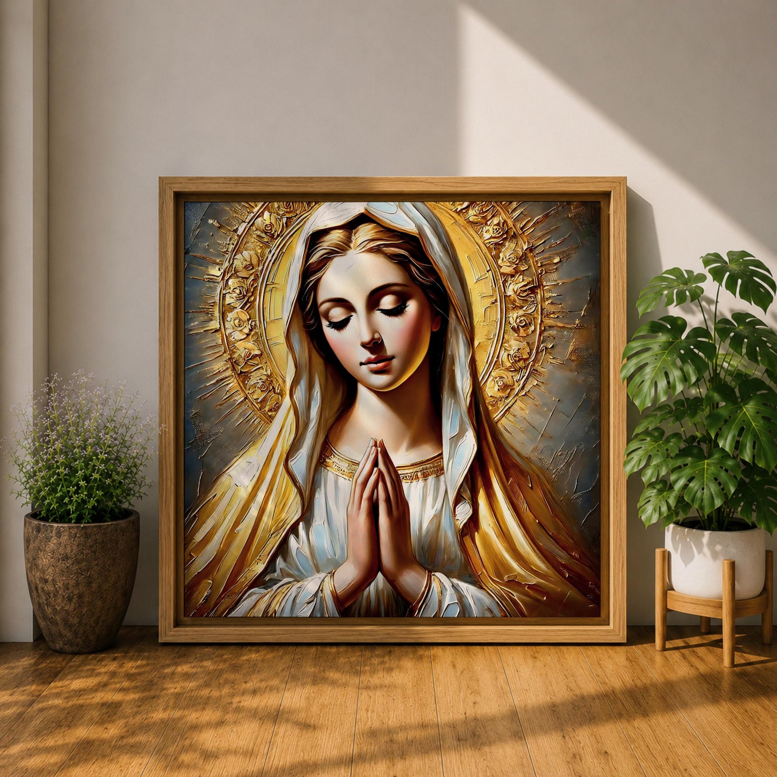 Virgin Mary Wall Art Blessed Mother Framed Canvas Catholic Prayer Sacred Home Decor