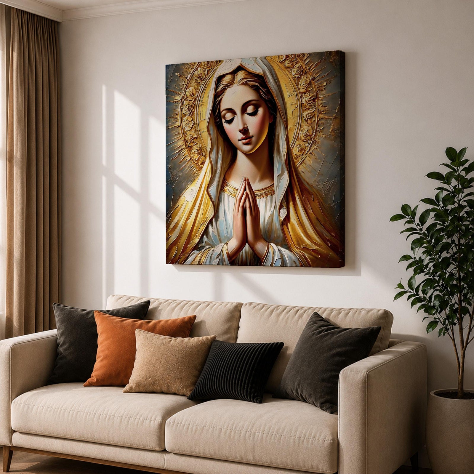 Virgin Mary Wall Art Blessed Mother Framed Canvas Catholic Prayer Sacred Home Decor
