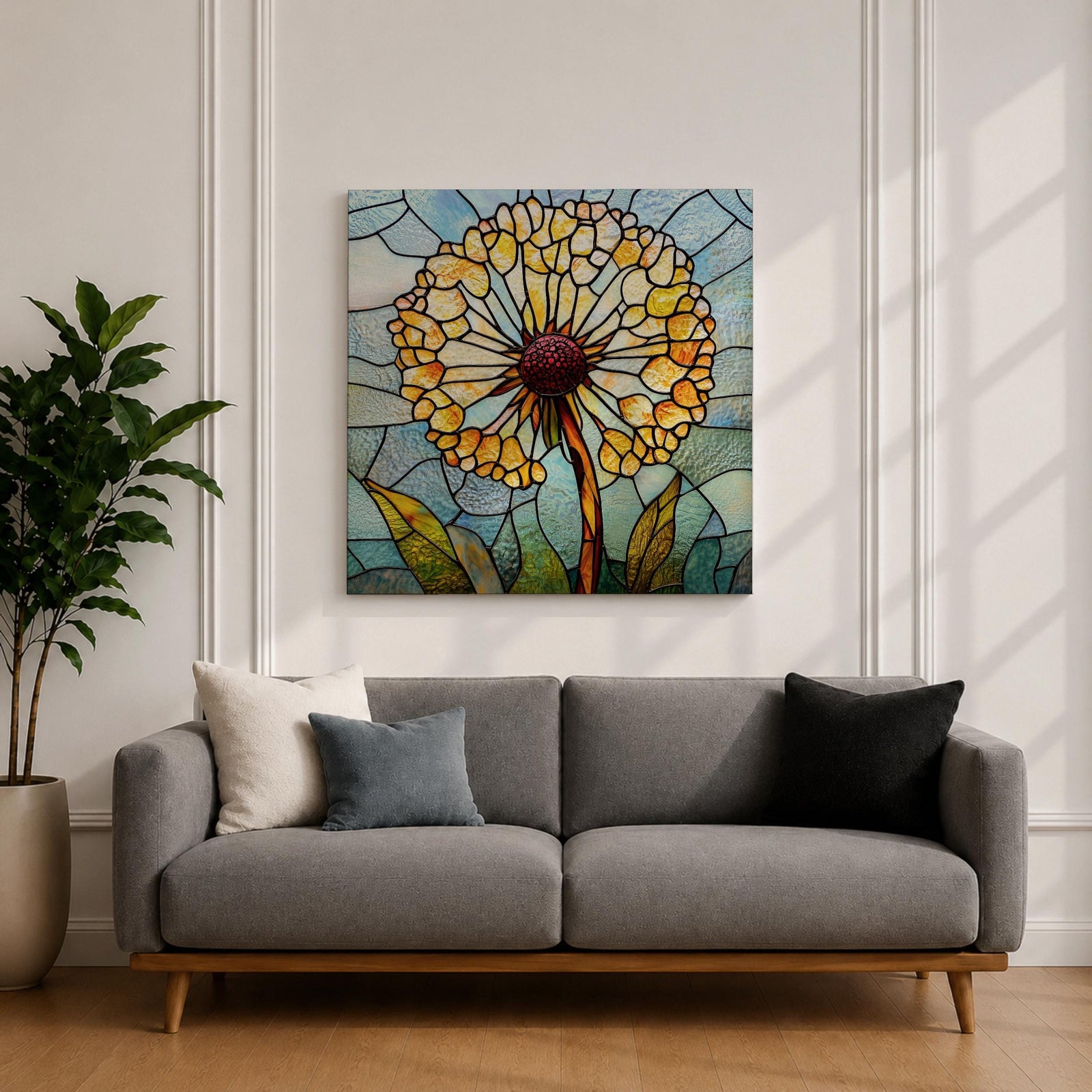 Dandelion Wall Art Stained Glass Flower Framed Canvas Botanical Nature Home Decor