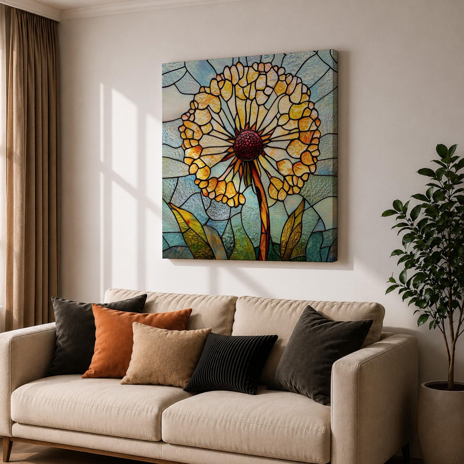 Dandelion Wall Art Stained Glass Flower Framed Canvas Botanical Nature Home Decor