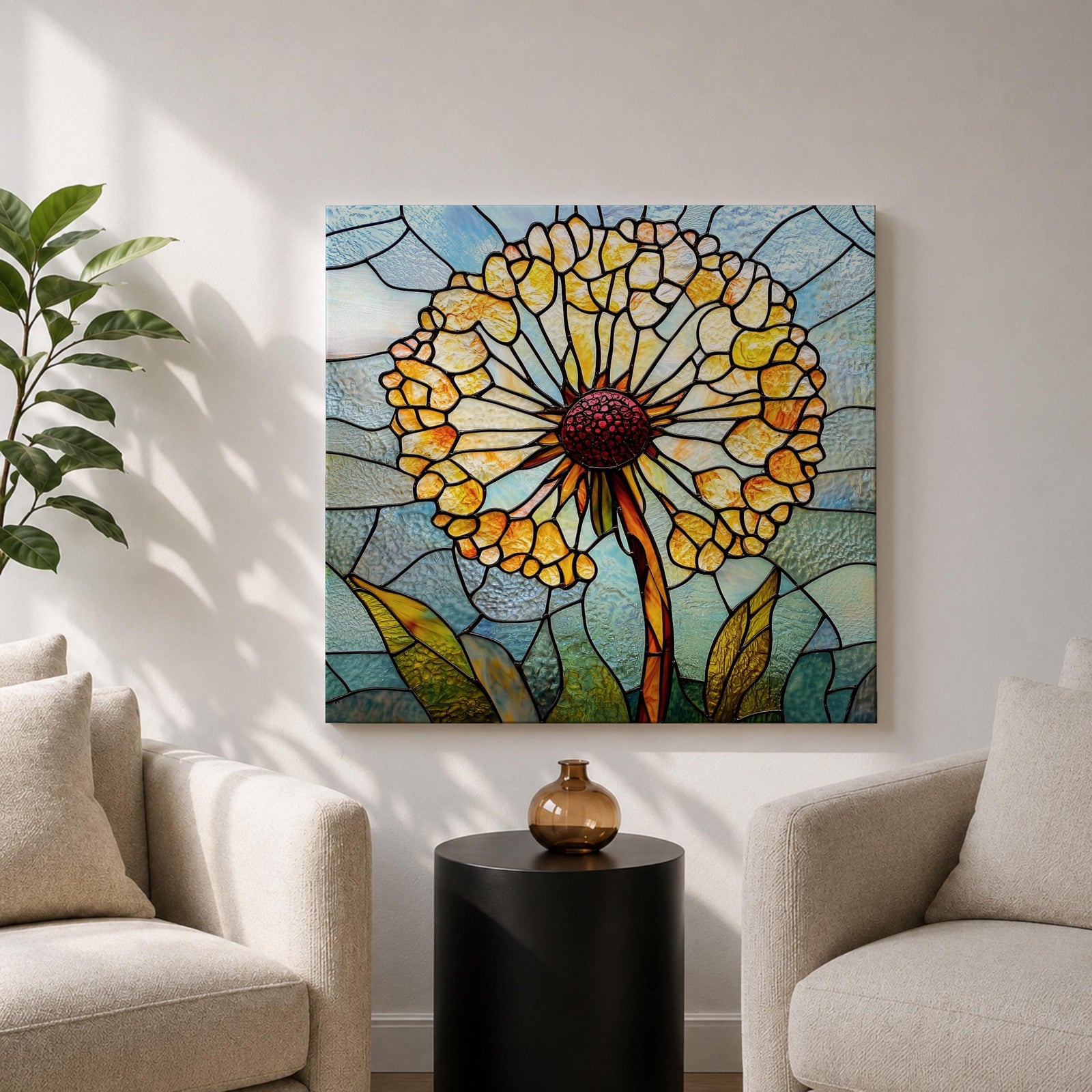 Dandelion Wall Art Stained Glass Flower Framed Canvas Botanical Nature Home Decor