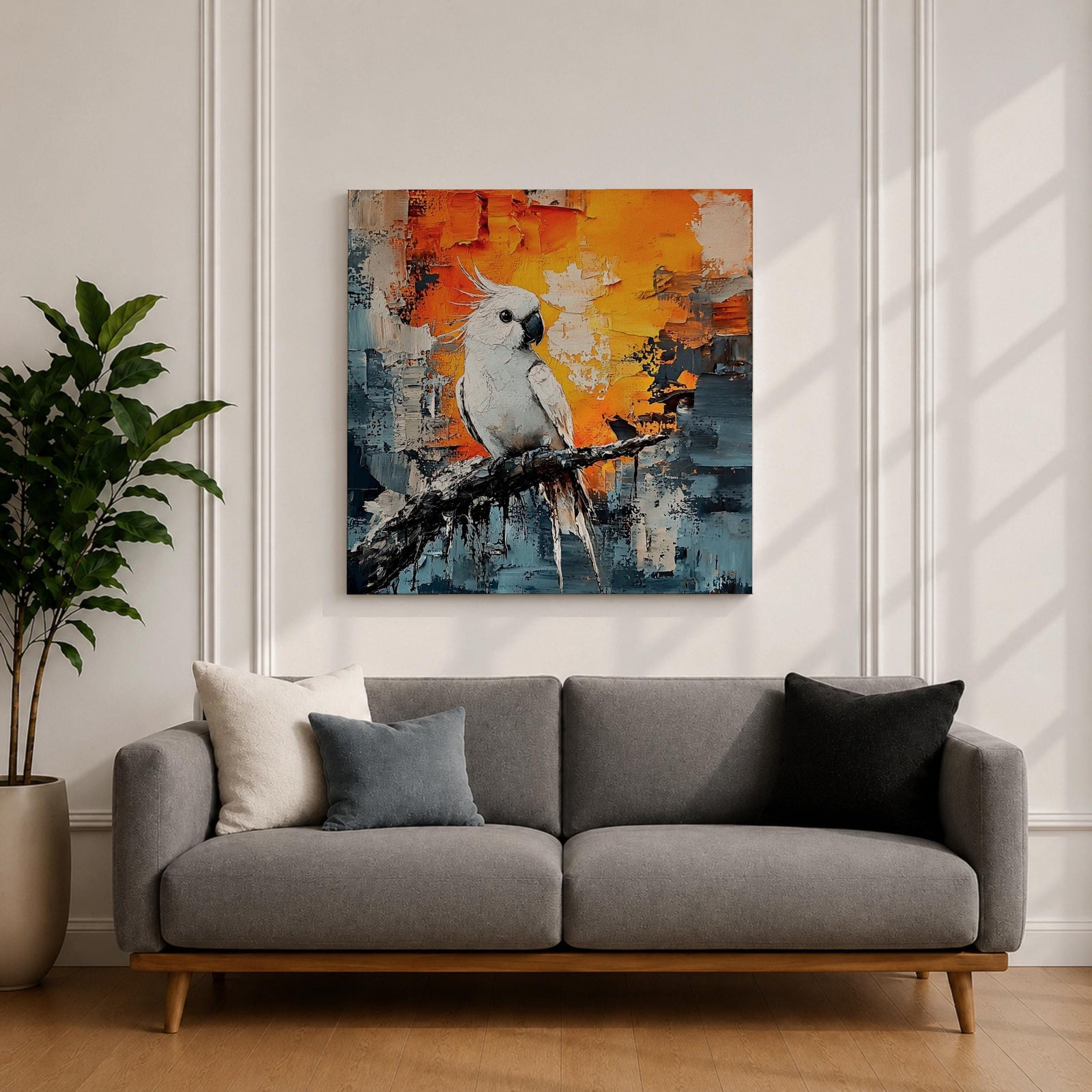 Cockatoo Wall Art Parrot Framed Canvas Tropical Exotic Bird Impasto Boho Home Decor