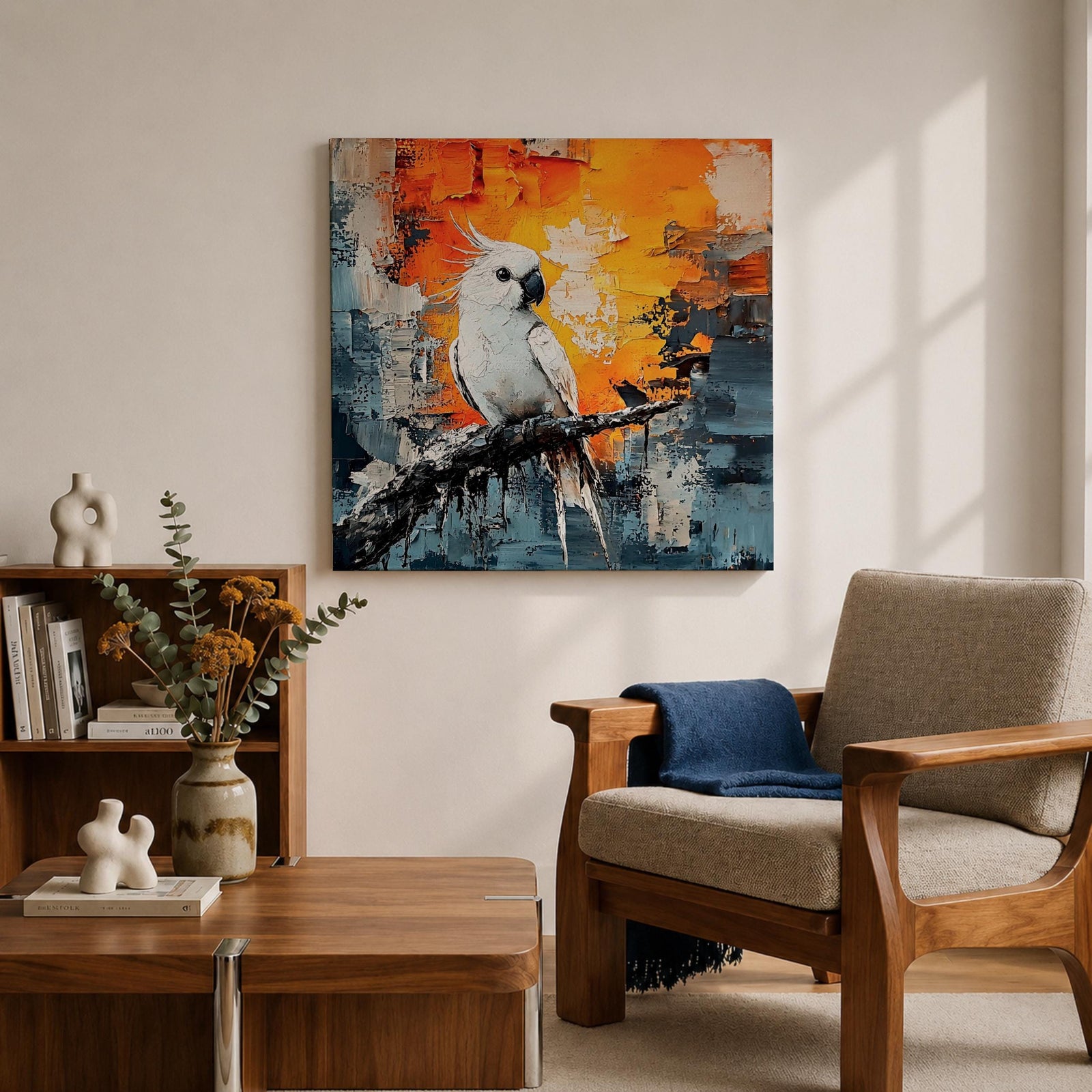 Cockatoo Wall Art Parrot Framed Canvas Tropical Exotic Bird Impasto Boho Home Decor