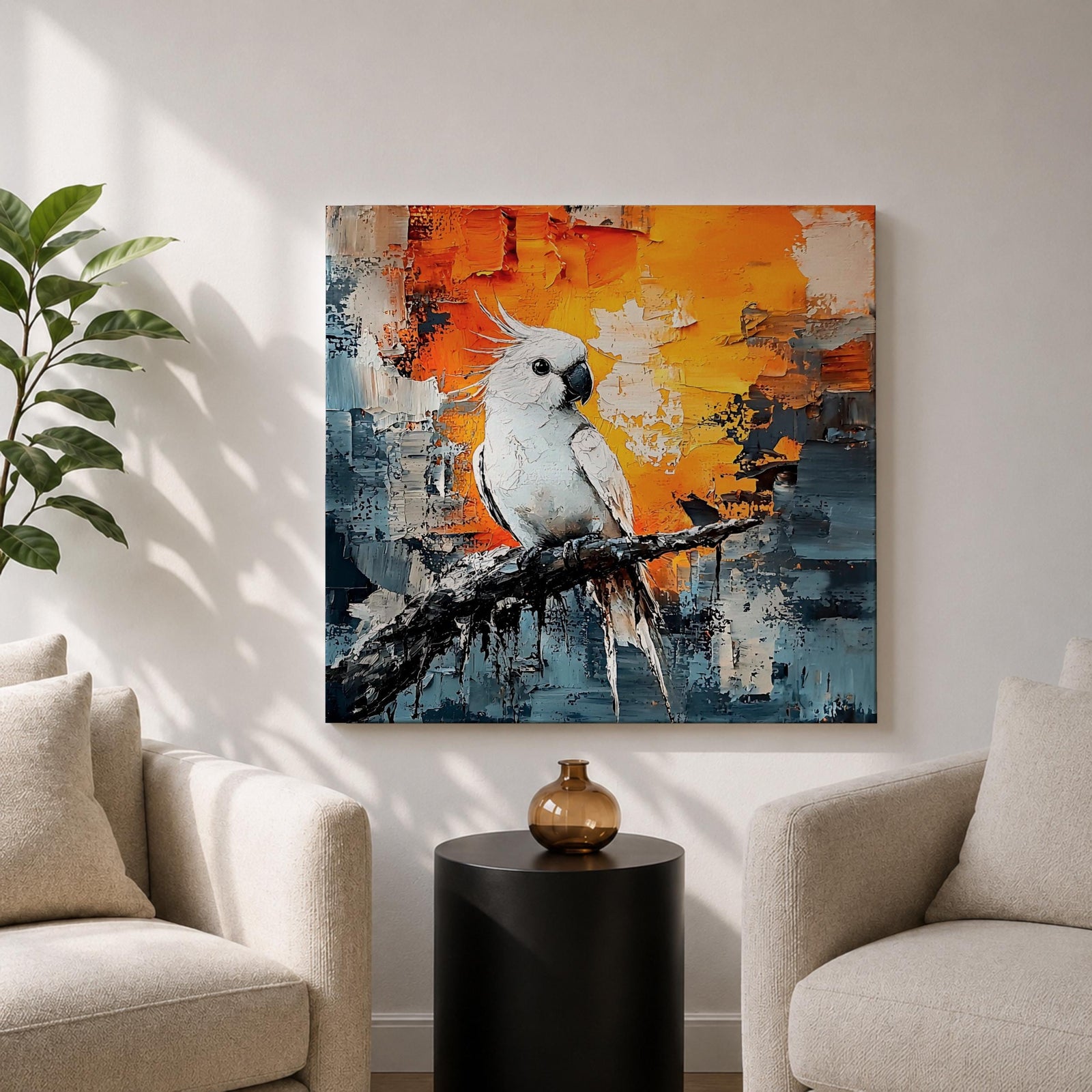 Cockatoo Wall Art Parrot Framed Canvas Tropical Exotic Bird Impasto Boho Home Decor