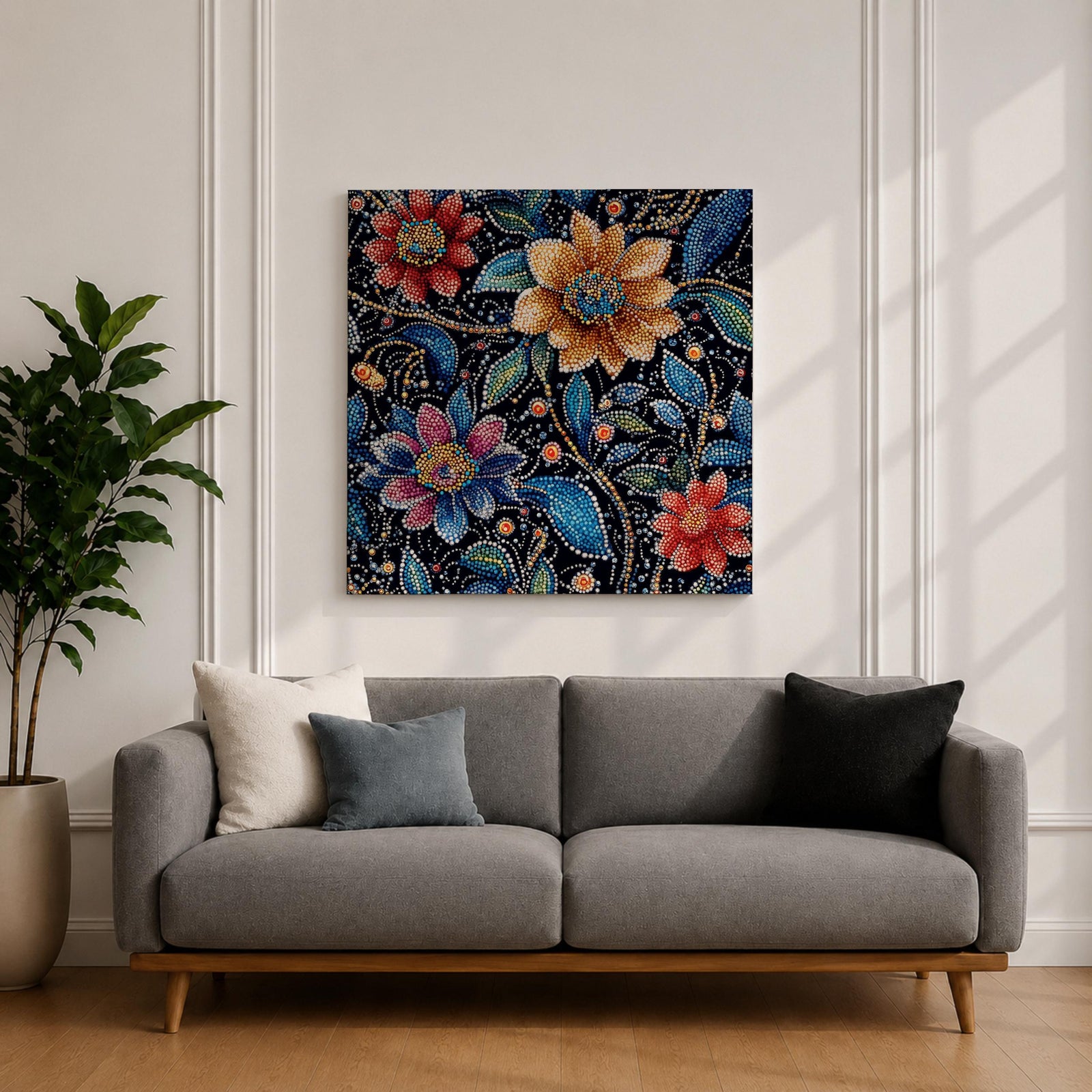 Floral Mosaic Wall Art Dot Art Flowers Framed Canvas Botanical Boho Home Decor