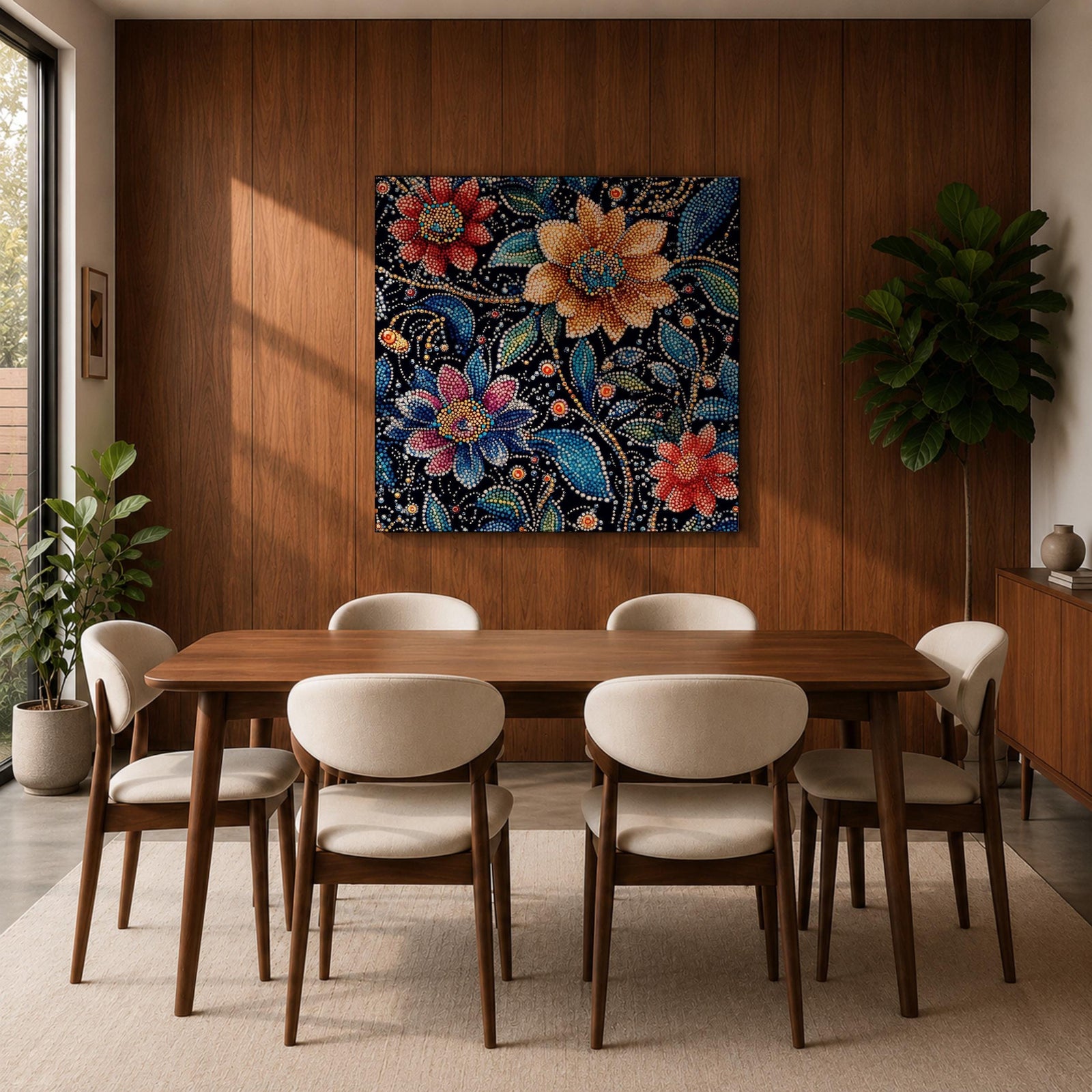 Floral Mosaic Wall Art Dot Art Flowers Framed Canvas Botanical Boho Home Decor
