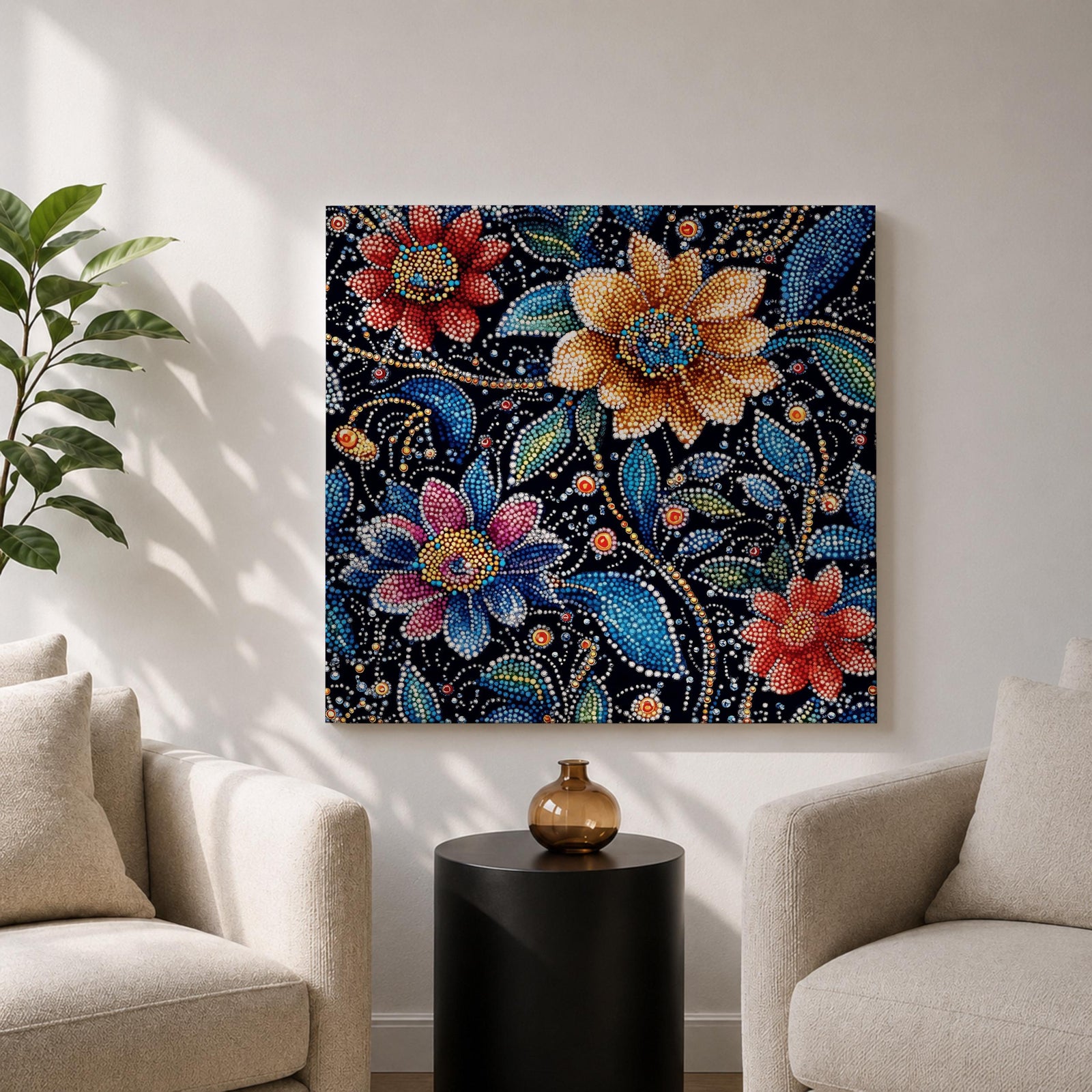 Floral Mosaic Wall Art Dot Art Flowers Framed Canvas Botanical Boho Home Decor