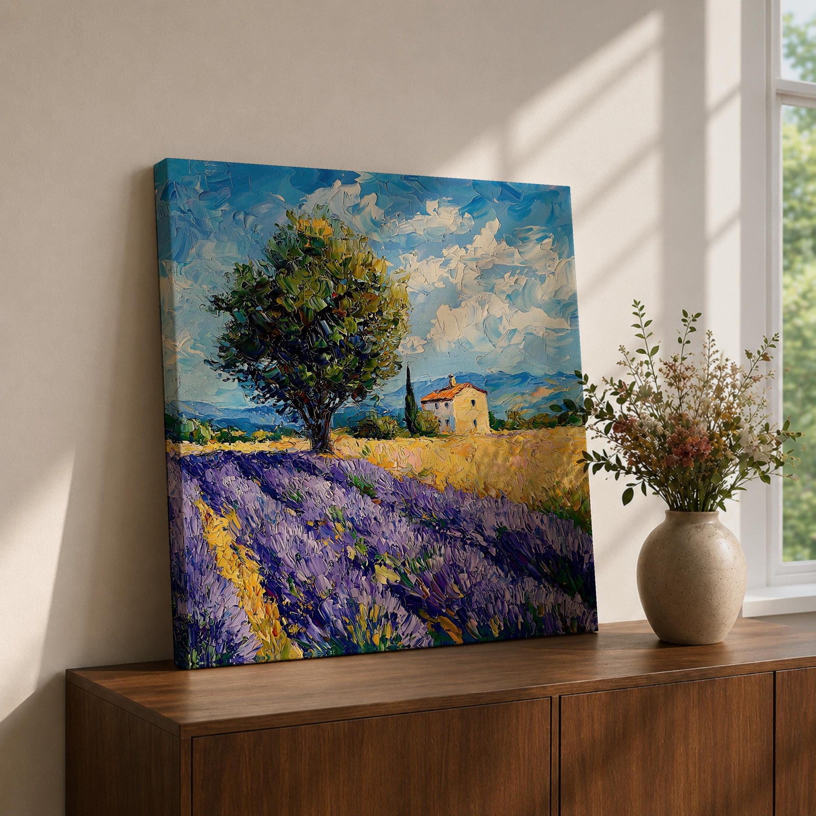 Lavender Field Wall Art Provence Landscape Framed Canvas Purple Impasto Rustic Home Decor