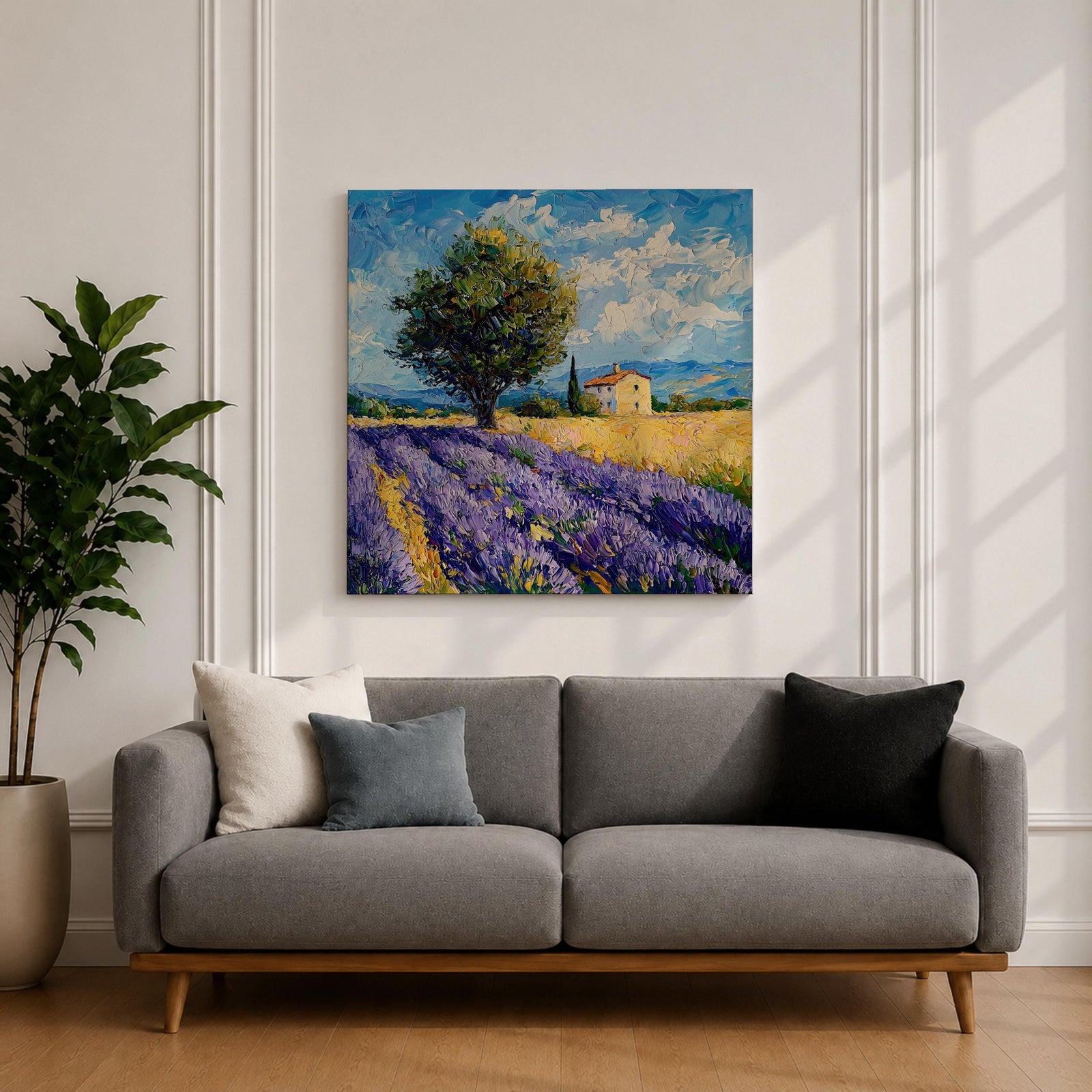 Lavender Field Wall Art Provence Landscape Framed Canvas Purple Impasto Rustic Home Decor